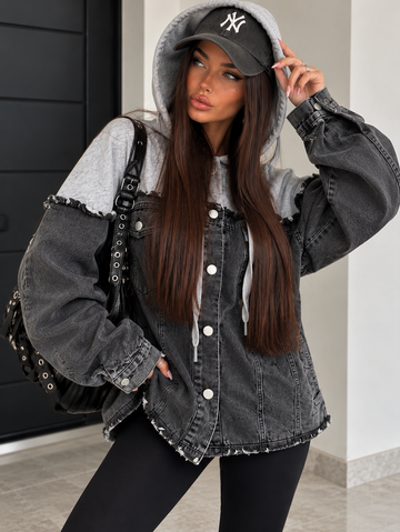 Giacca Denim Washed con Cappuccio Felpa – Grigio e Nero
