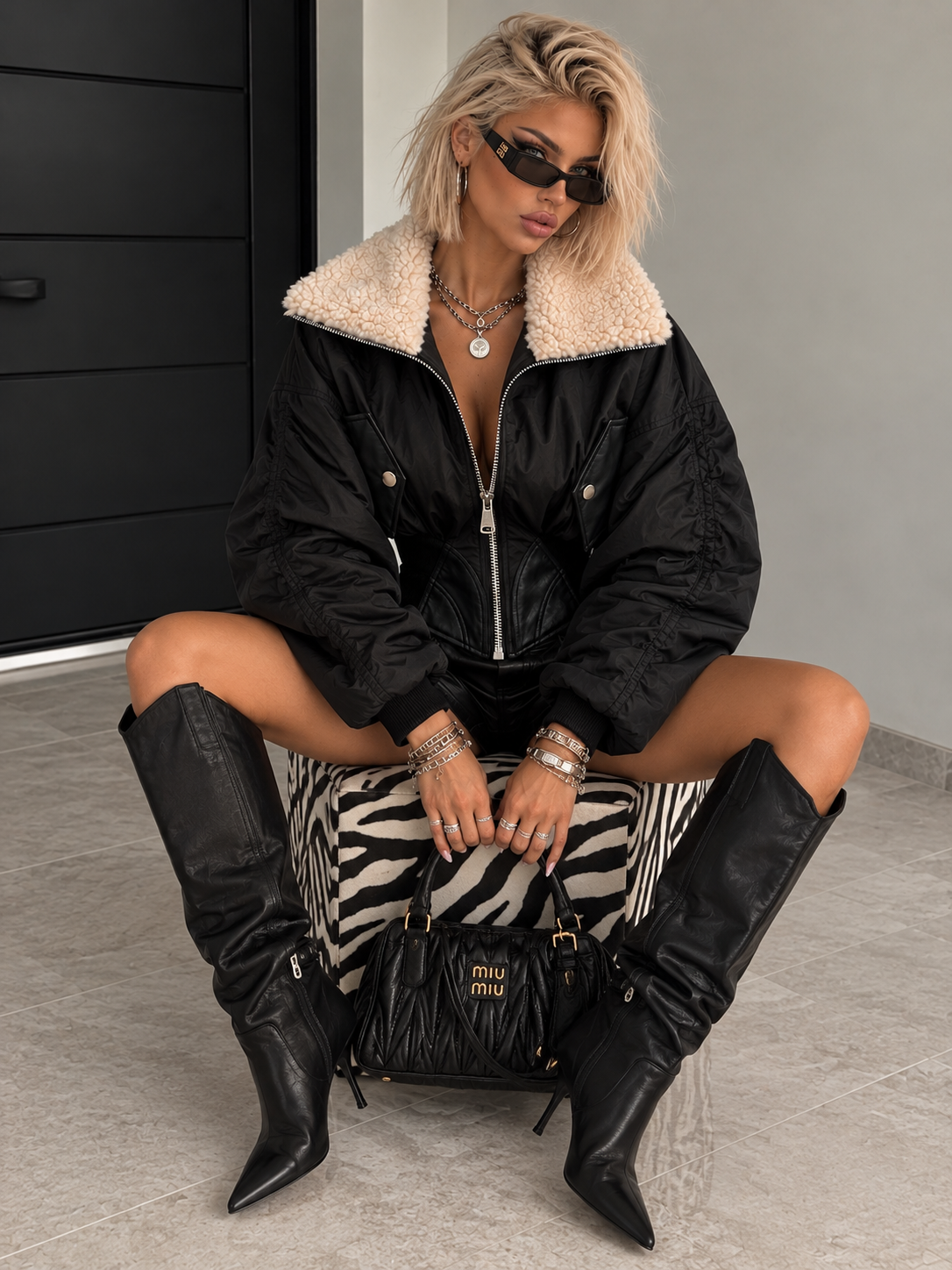 Giacca Bomber Nera con Collo Teddy Panna - R.a. Boutique
