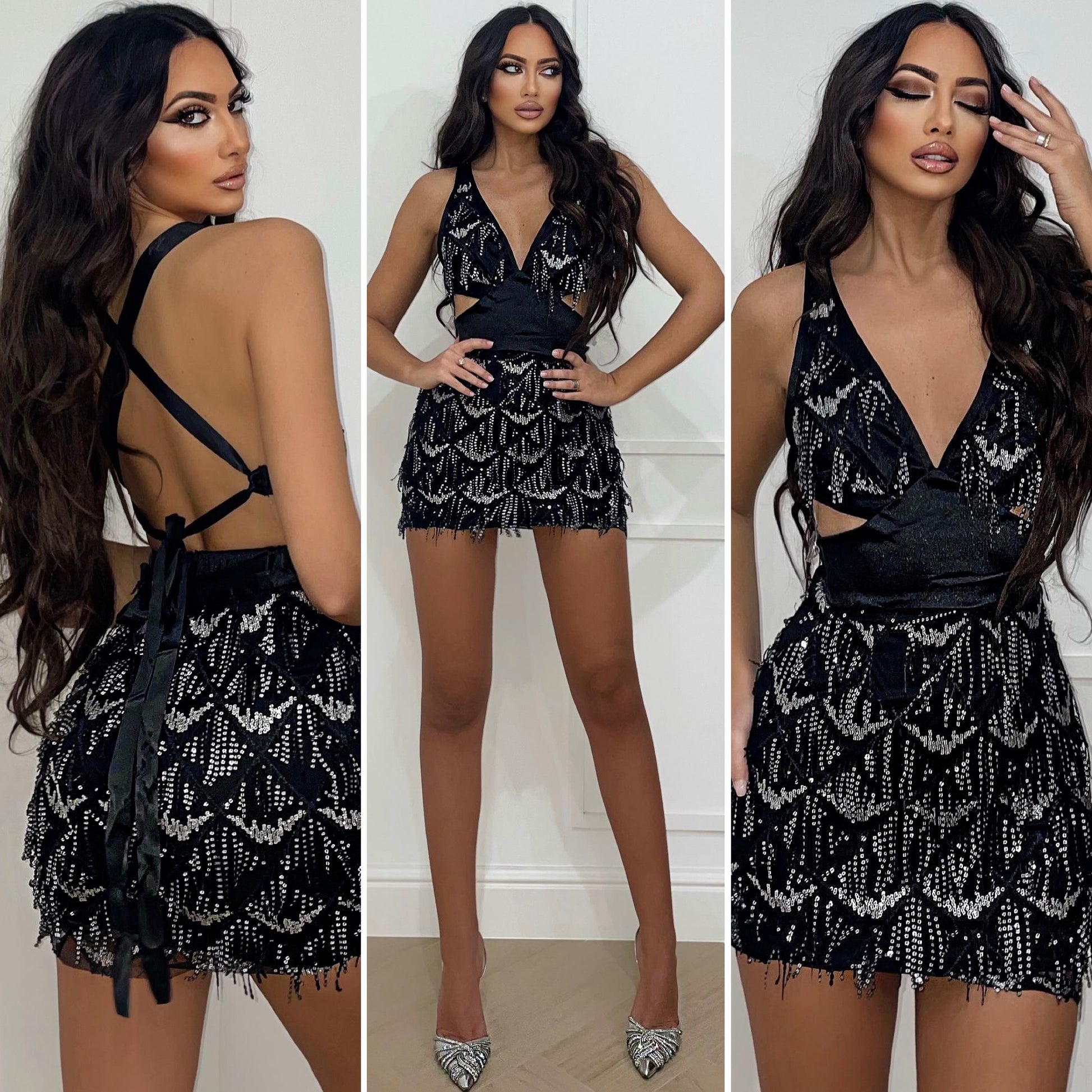 Black V-neck dress with fringes and sequins - Main Image