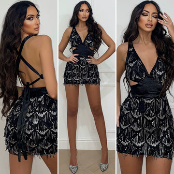 Abito con frange e paillettes nero scollo a V - R.a. Boutique 