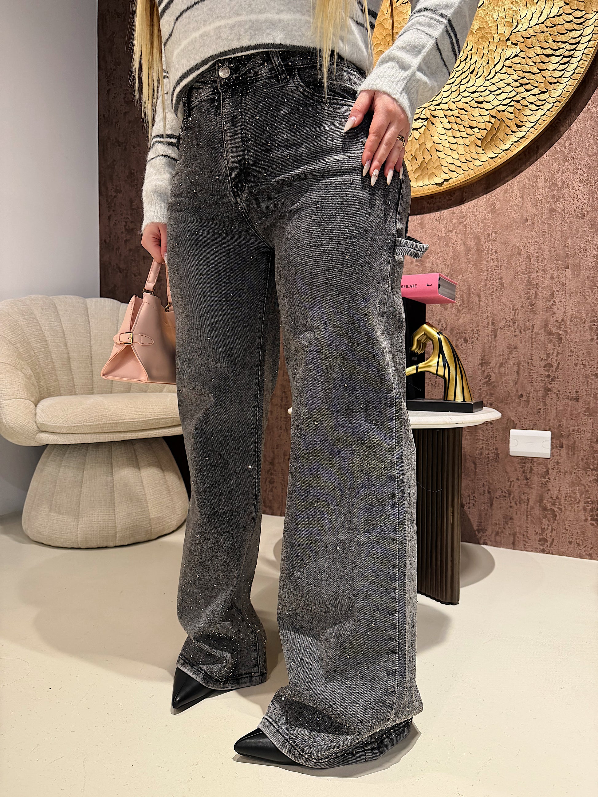 Jeans Wide Leg Denim Glitter Grey - R.a. Boutique