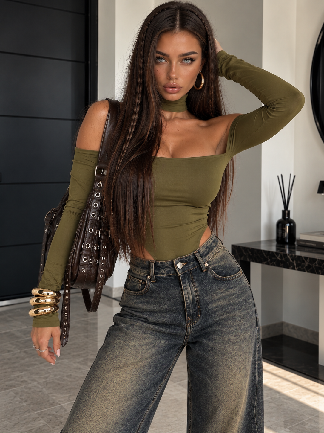 Body Verde Oliva con Collarino e Scollo a Barchetta - R.a. Boutique