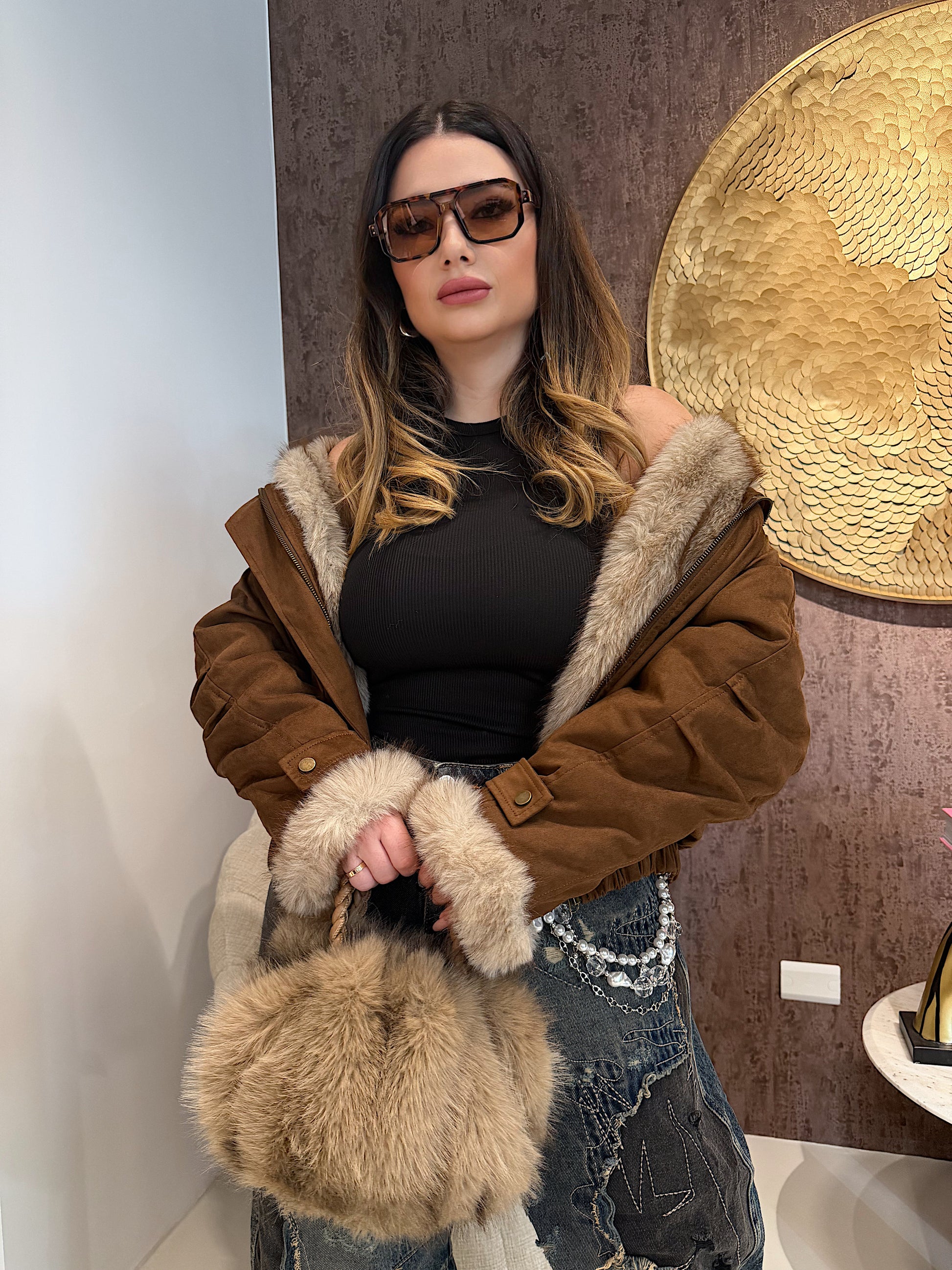 Giaccone Camel con imbottitura in pelo reversibile - R.a. Boutique