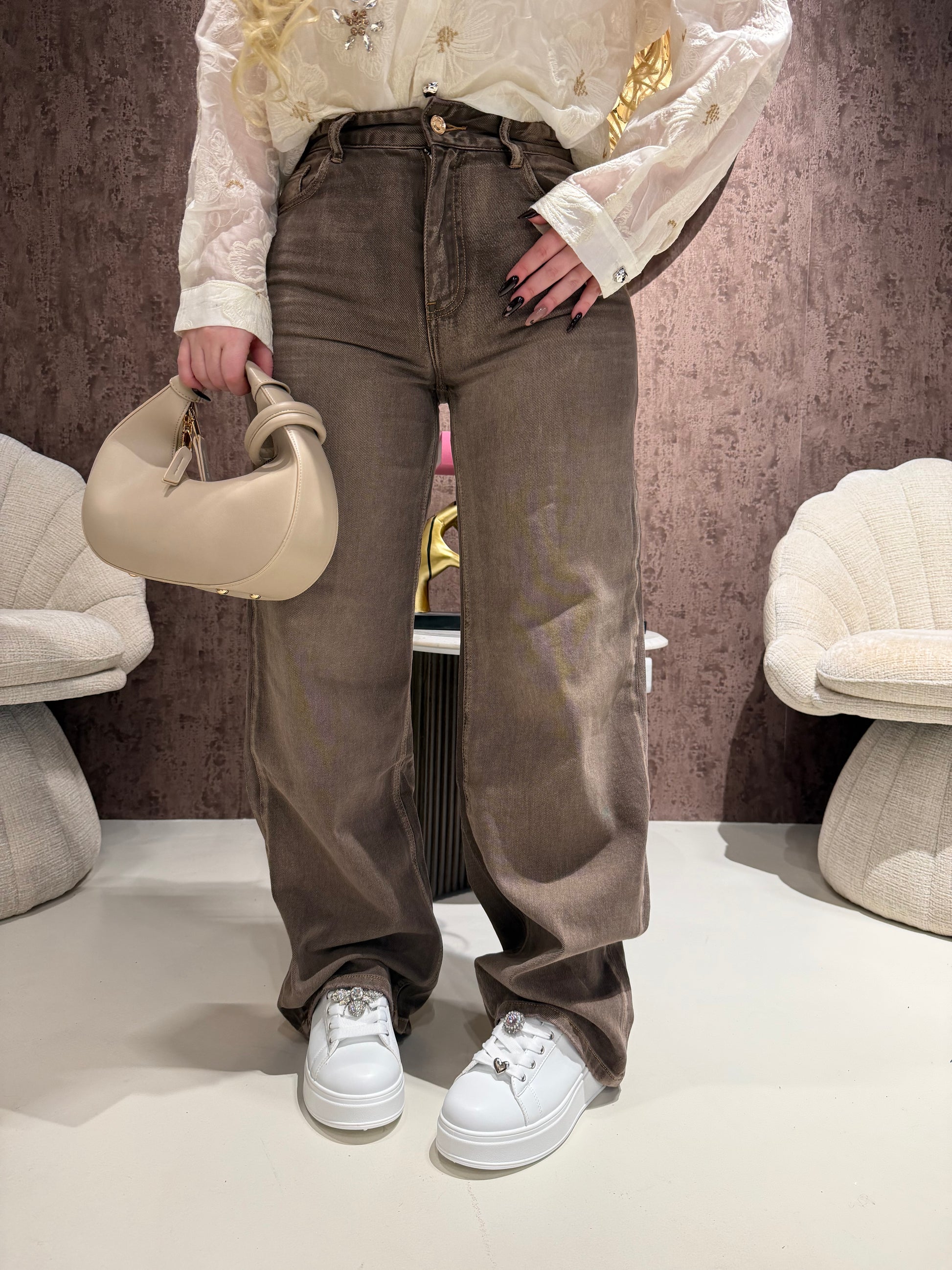 Jeans Wide Leg Marrone High Waist - R.a. Boutique