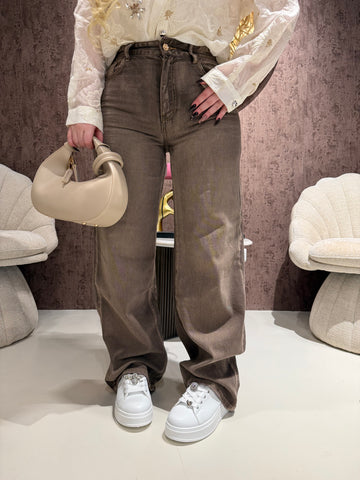 Jeans Wide Leg Marrone High Waist - R.a. Boutique