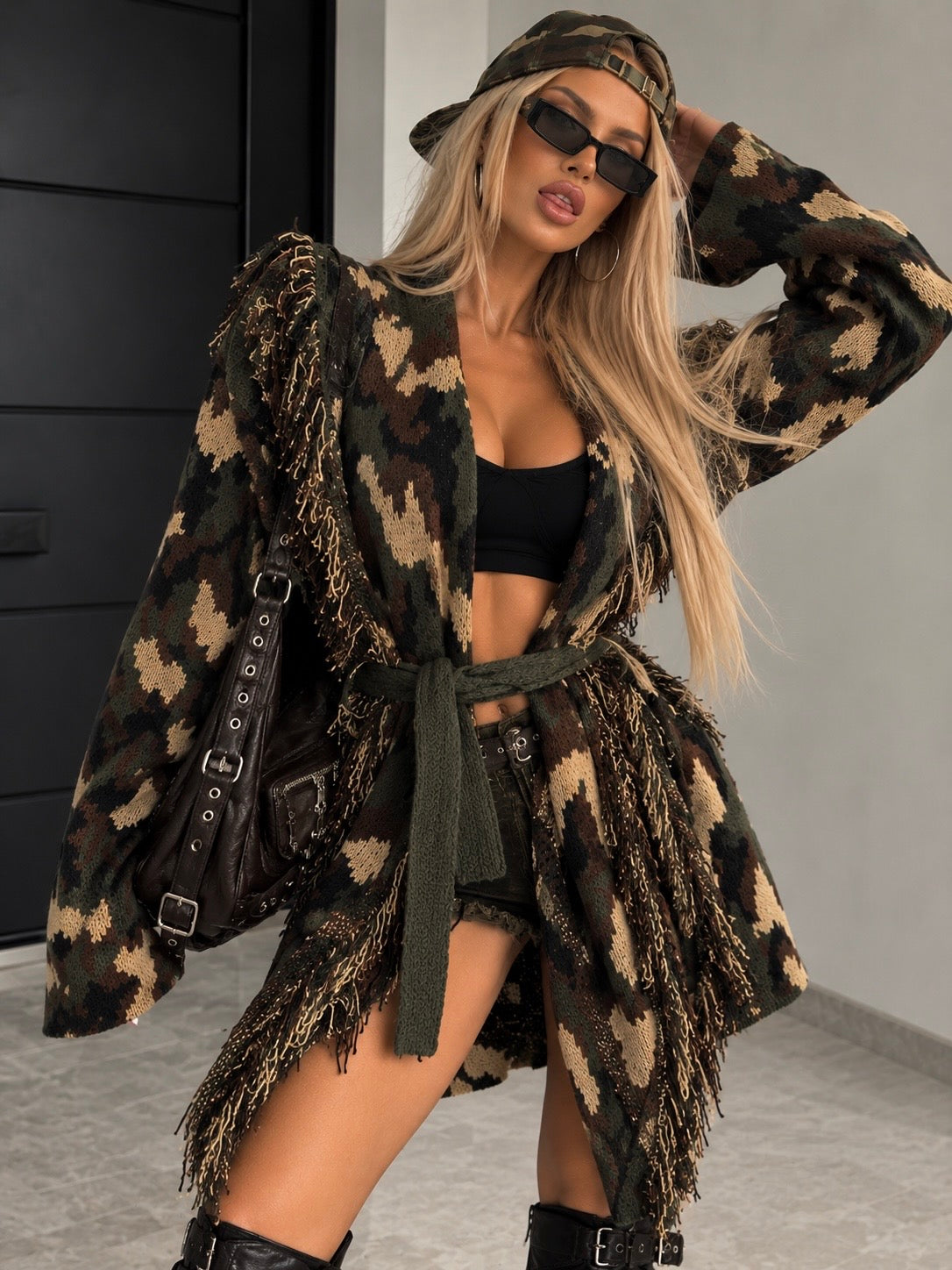 Cardigan Camouflage con Frange e Cintura - R.a. Boutique