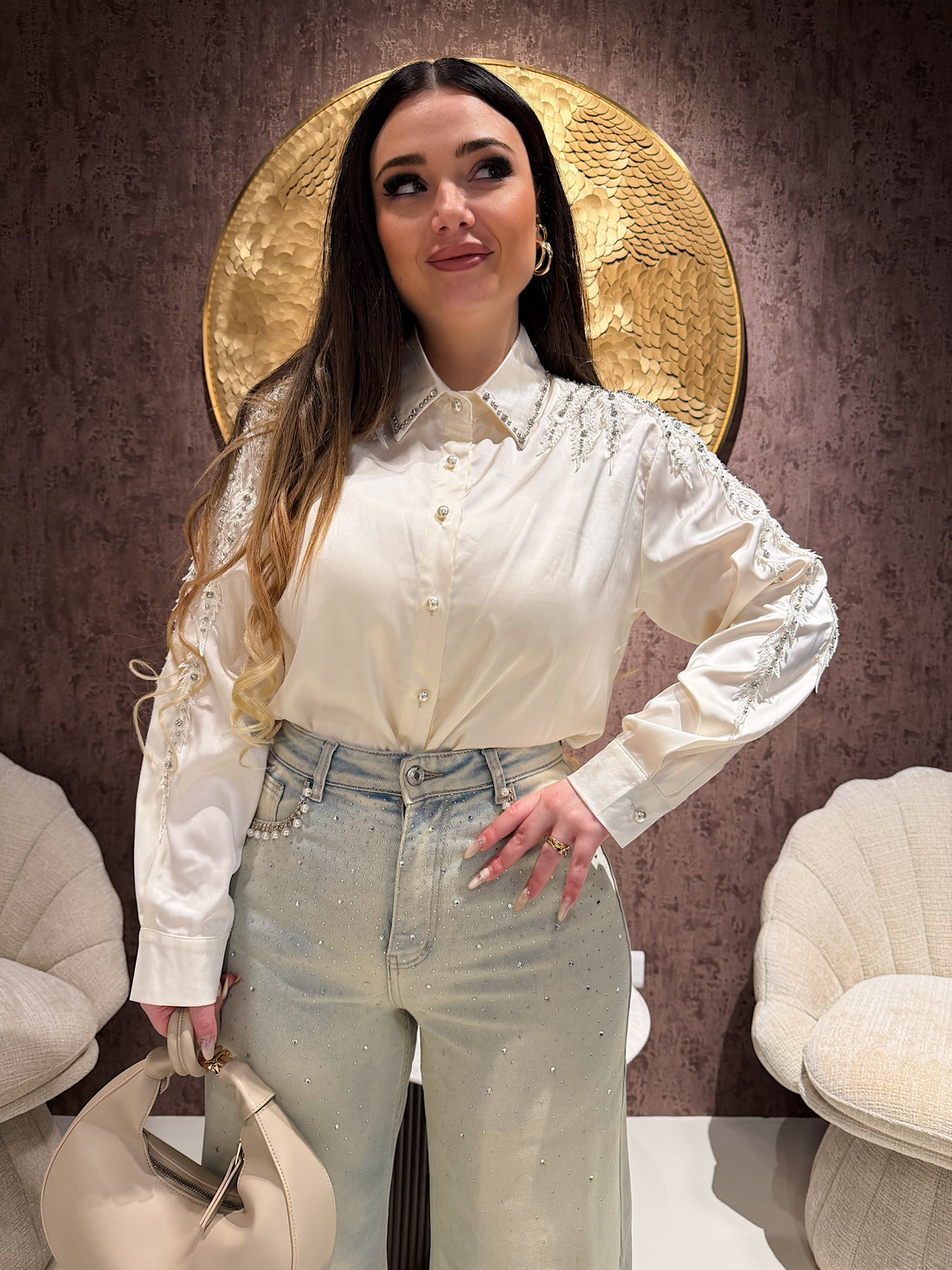 Camicia Satin Gioiello con Spalle Ricamate - R.a. Boutique