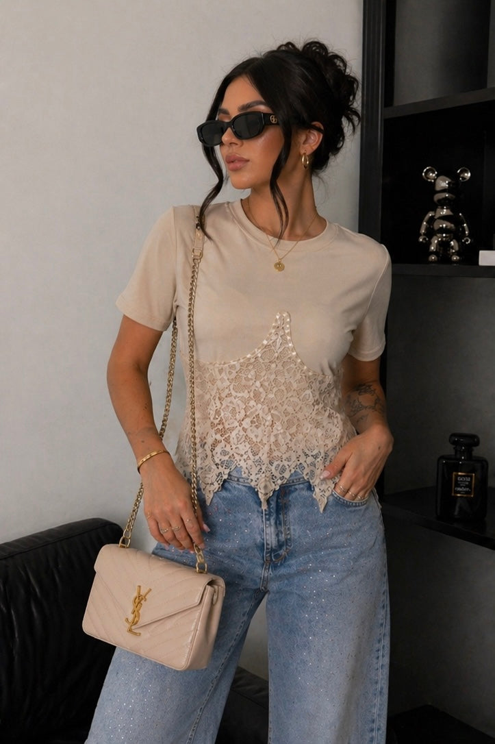 T-Shirt Corsetto con coppe in Pizzo con lacci posteriori - R.a. Boutique