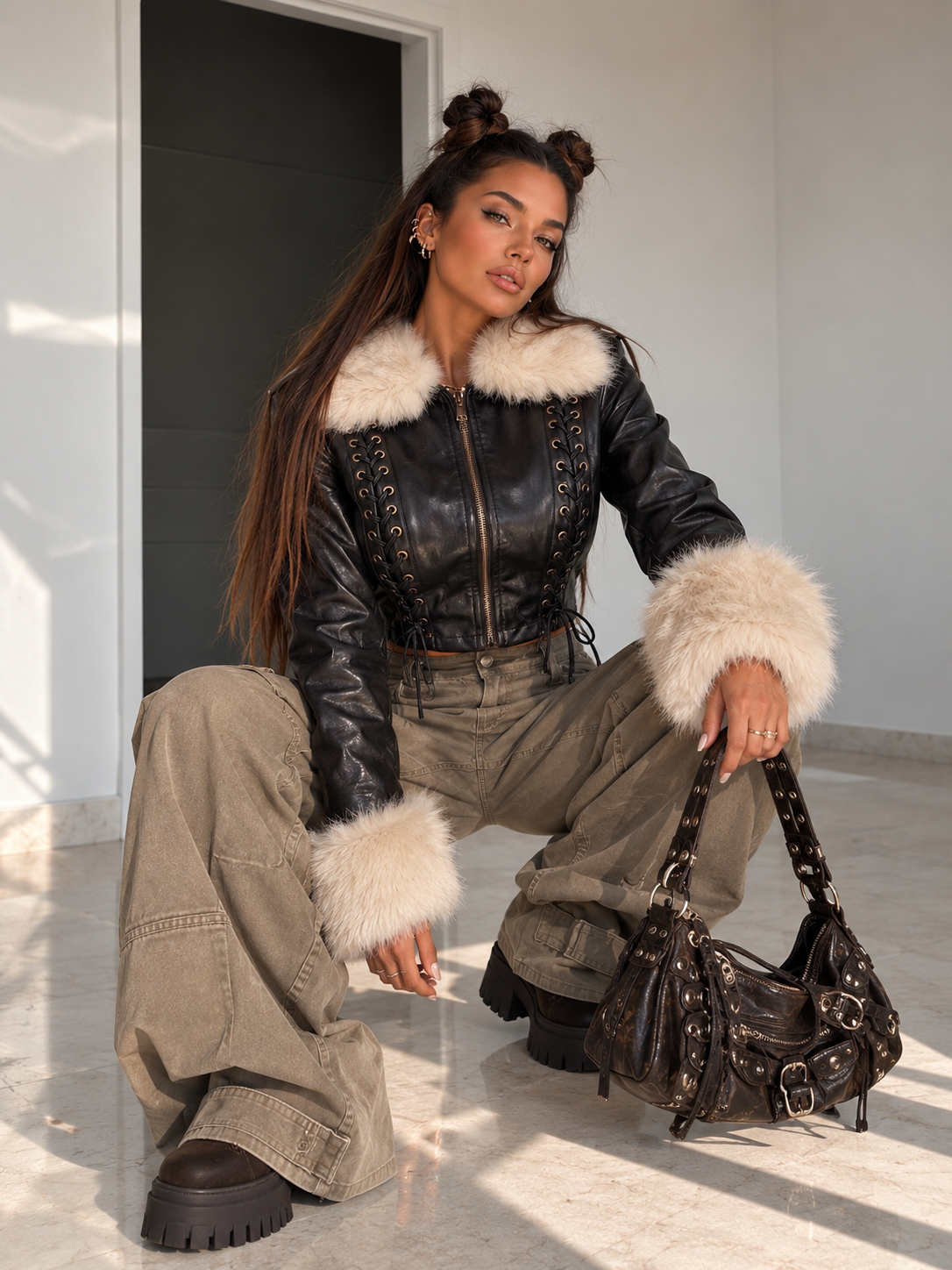Giacca Corta con Lacci, Collo e Polsi in Pelo - R.a. Boutique