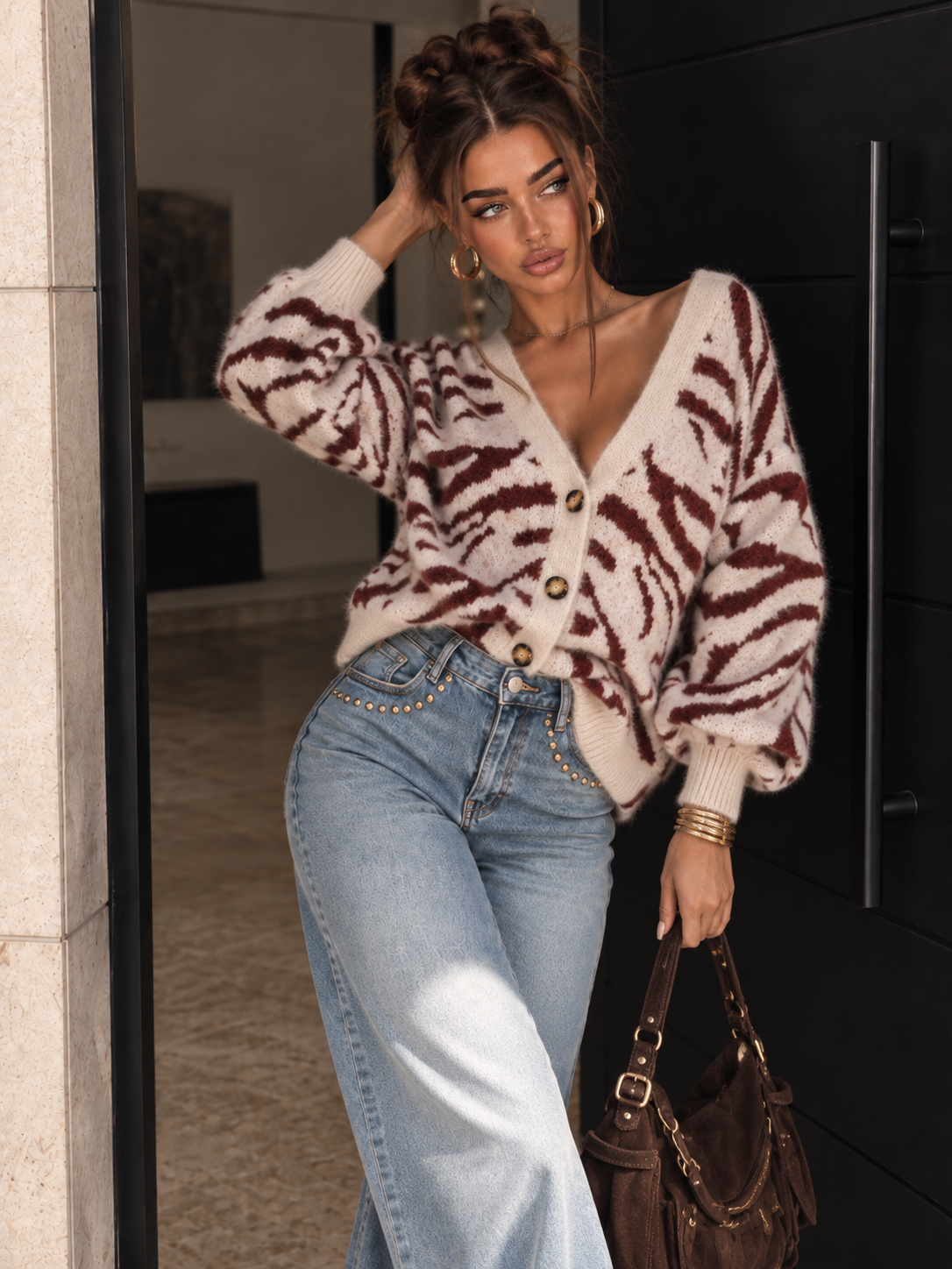 Cardigan Zebrato Panna e bordeaux - R.a. Boutique