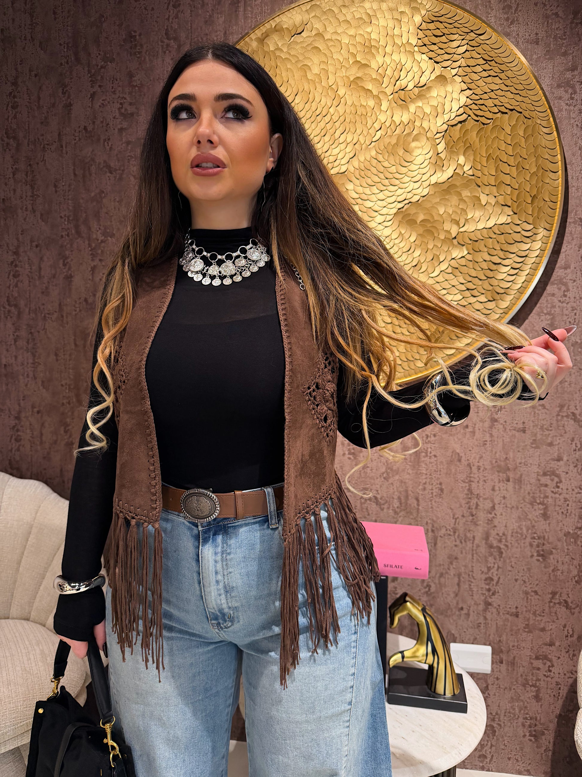 Gilet Boho in Suede con Frange e Crochet - R.a. Boutique