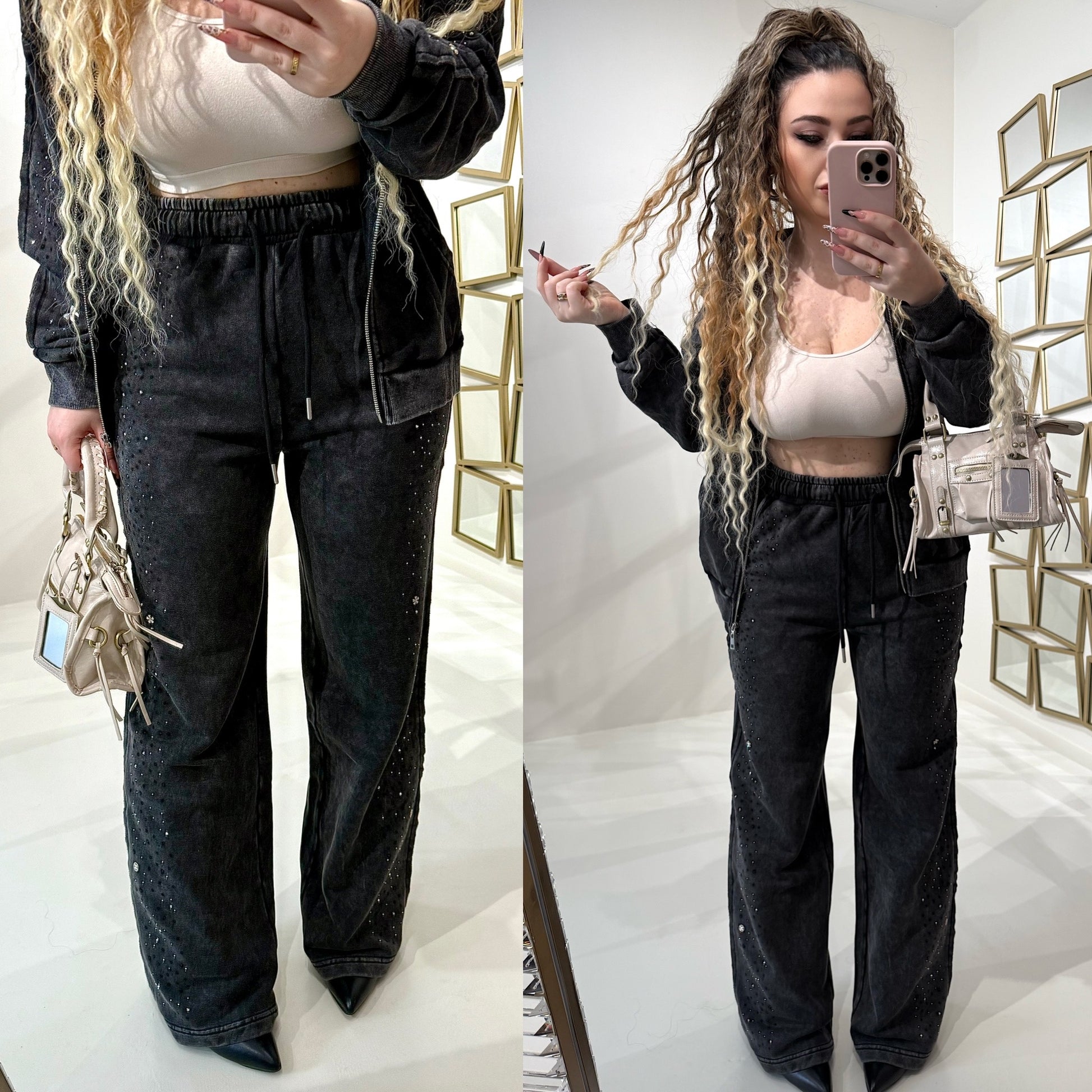 Completo con felpa over e brillantini pantalone a zampa - R.a. Boutique