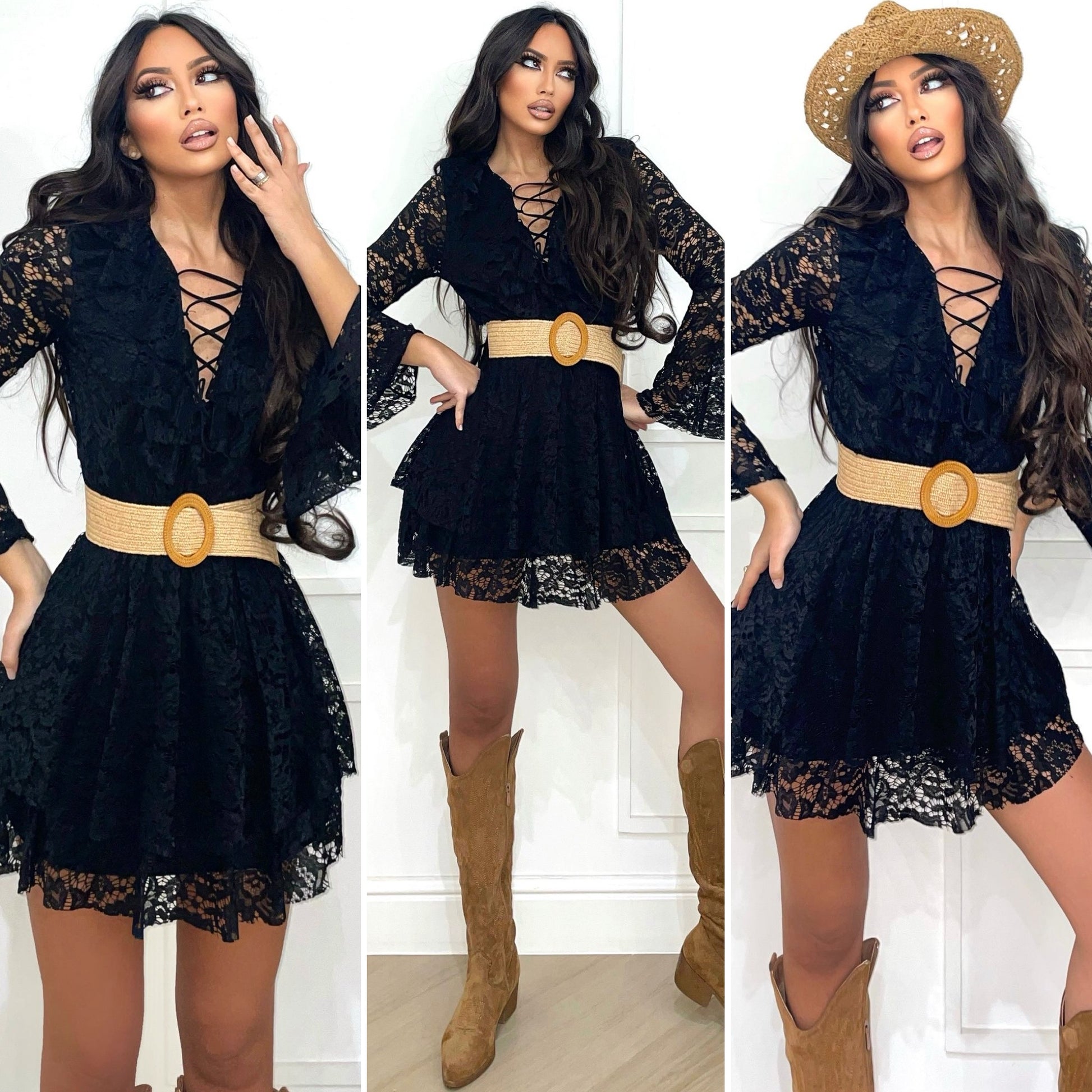 Abito in pizzo a balze Nero - R.a. Boutique