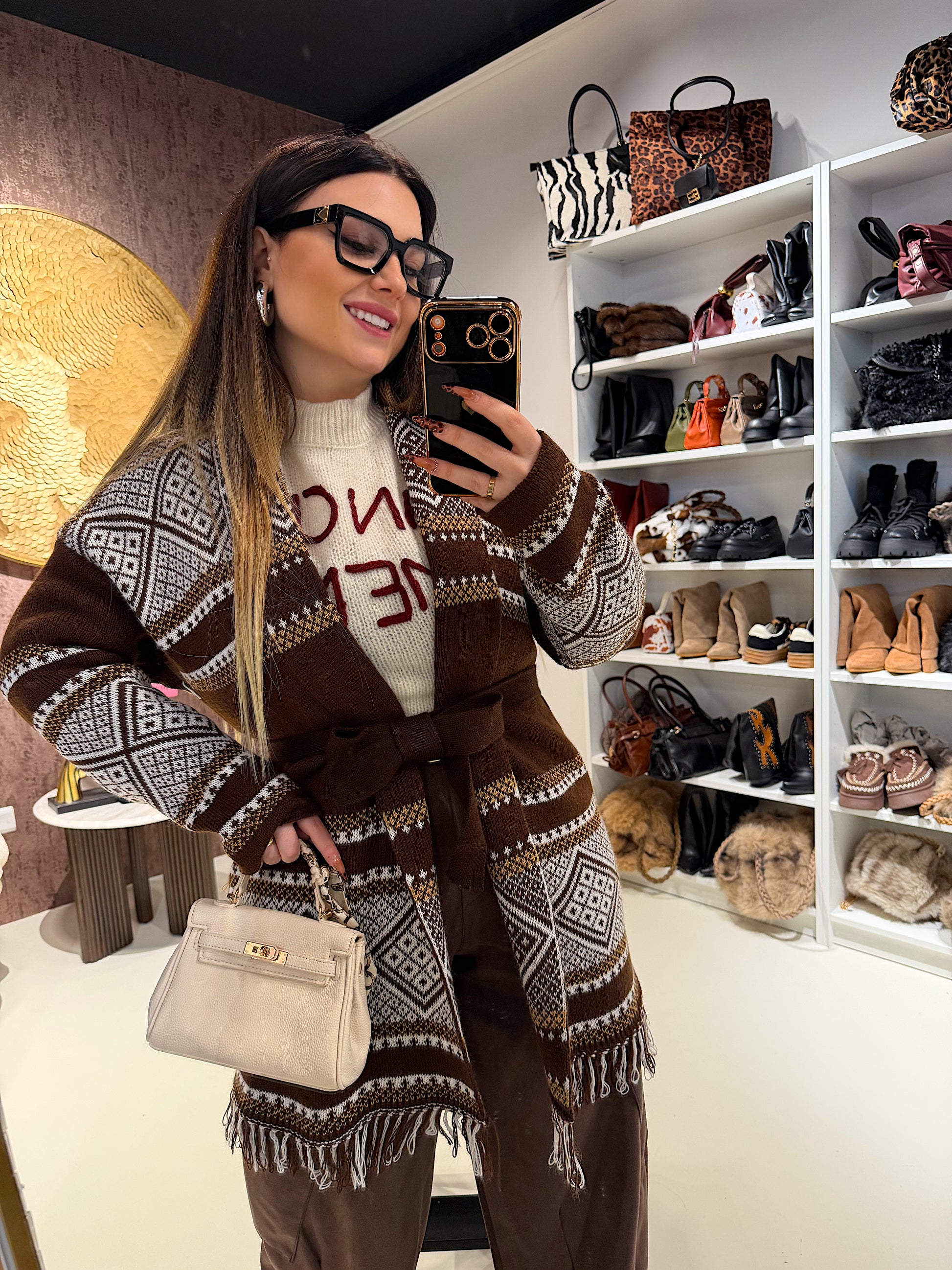 Cardigan Sierra jacquard cioccolato - R.a. Boutique