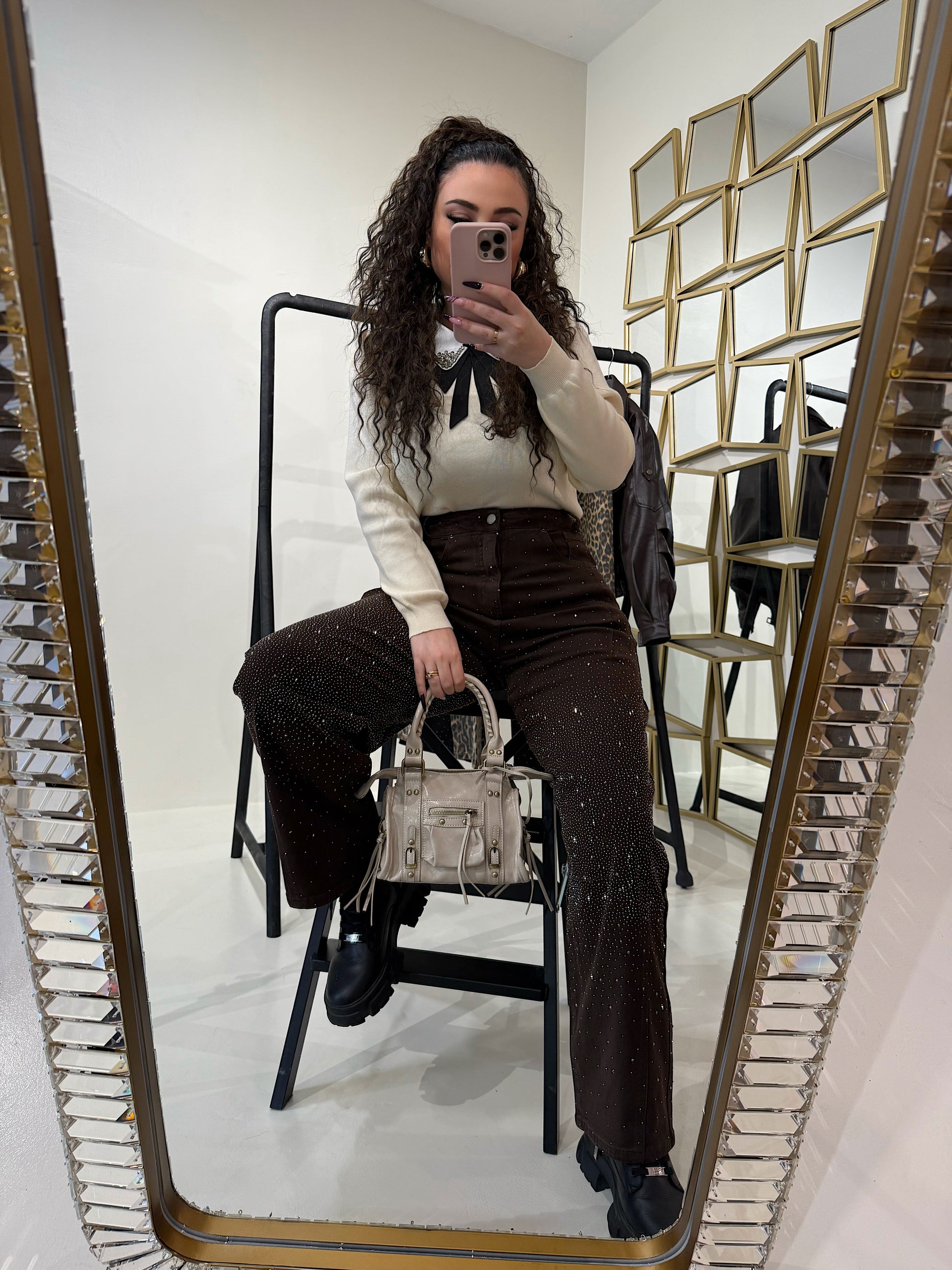 Pantalone con strass choco - R.a. Boutique