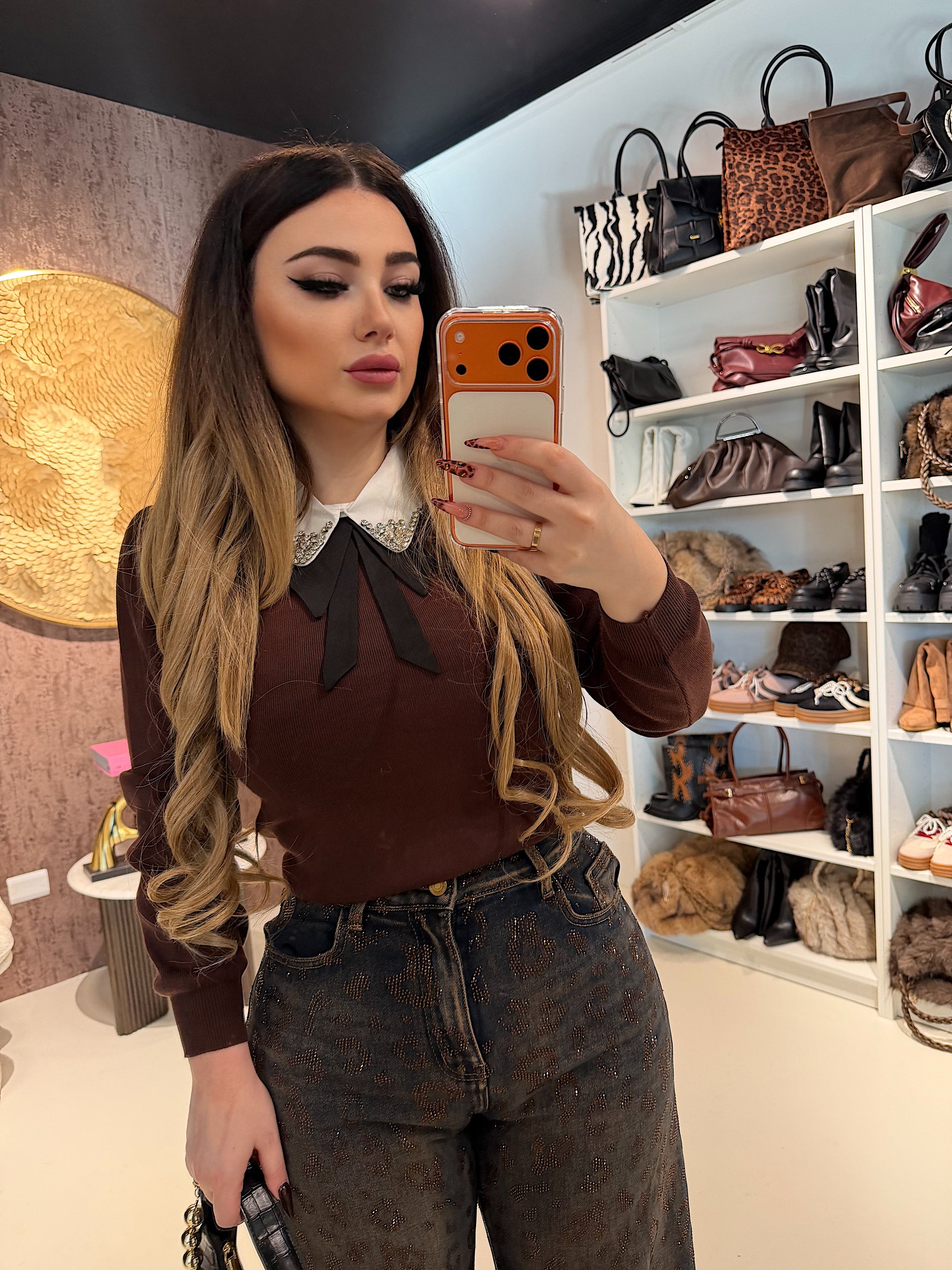 Maglioncino con colletto strass e fiocco - R.a. Boutique