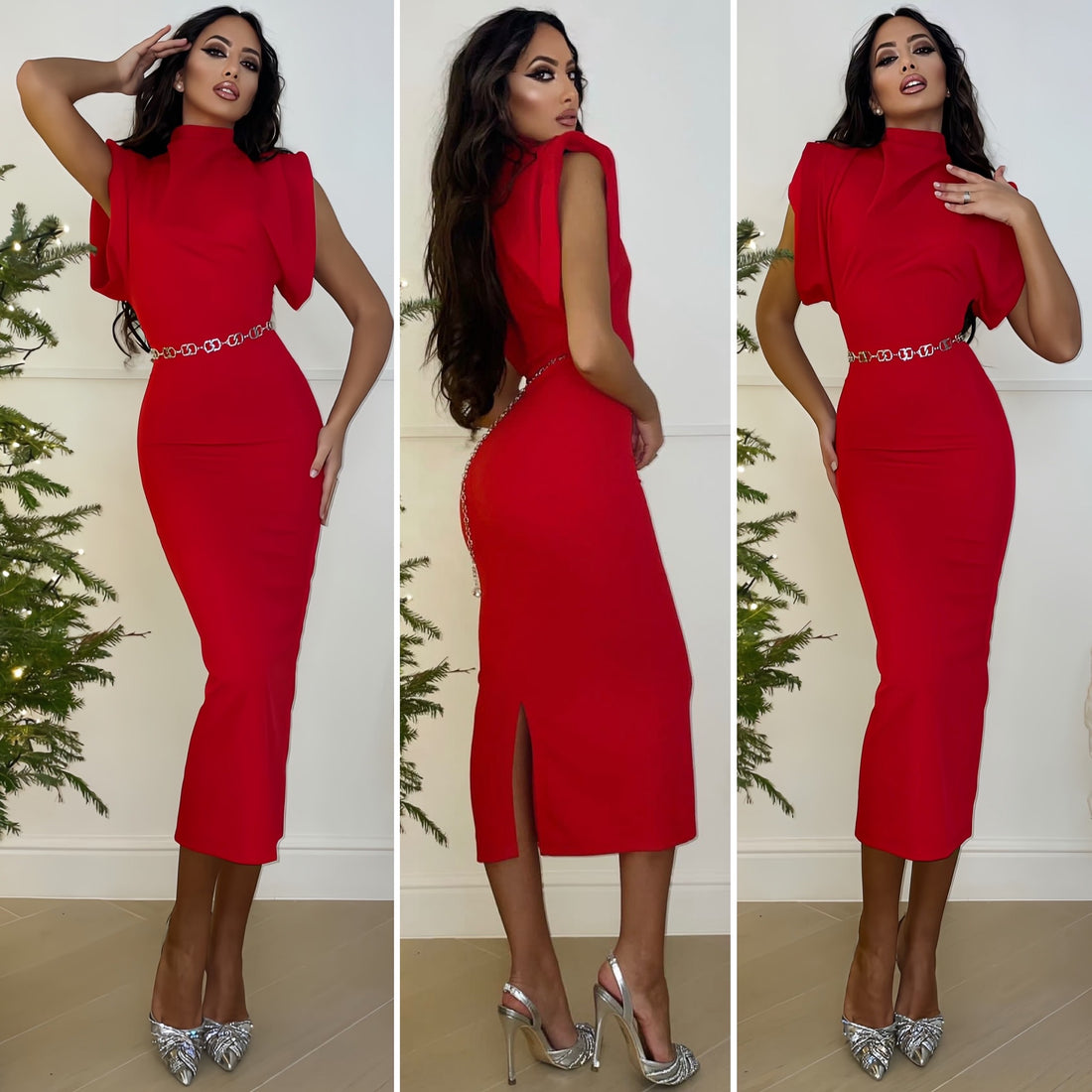 Abito midi rosso spalle bombate - R.a. Boutique 