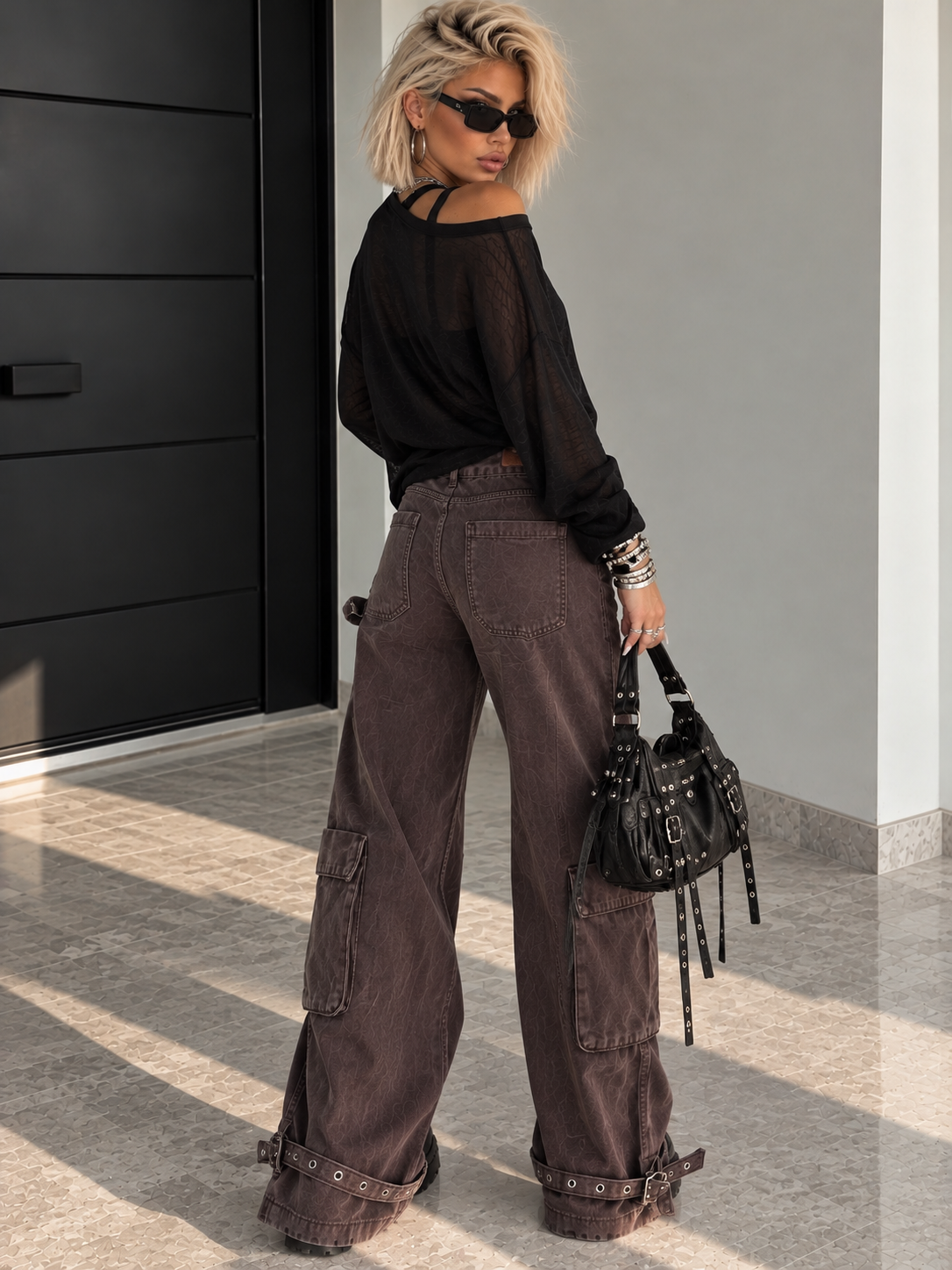Pantalone Cargo Wine Wide Leg con Tasche - R.a. Boutique