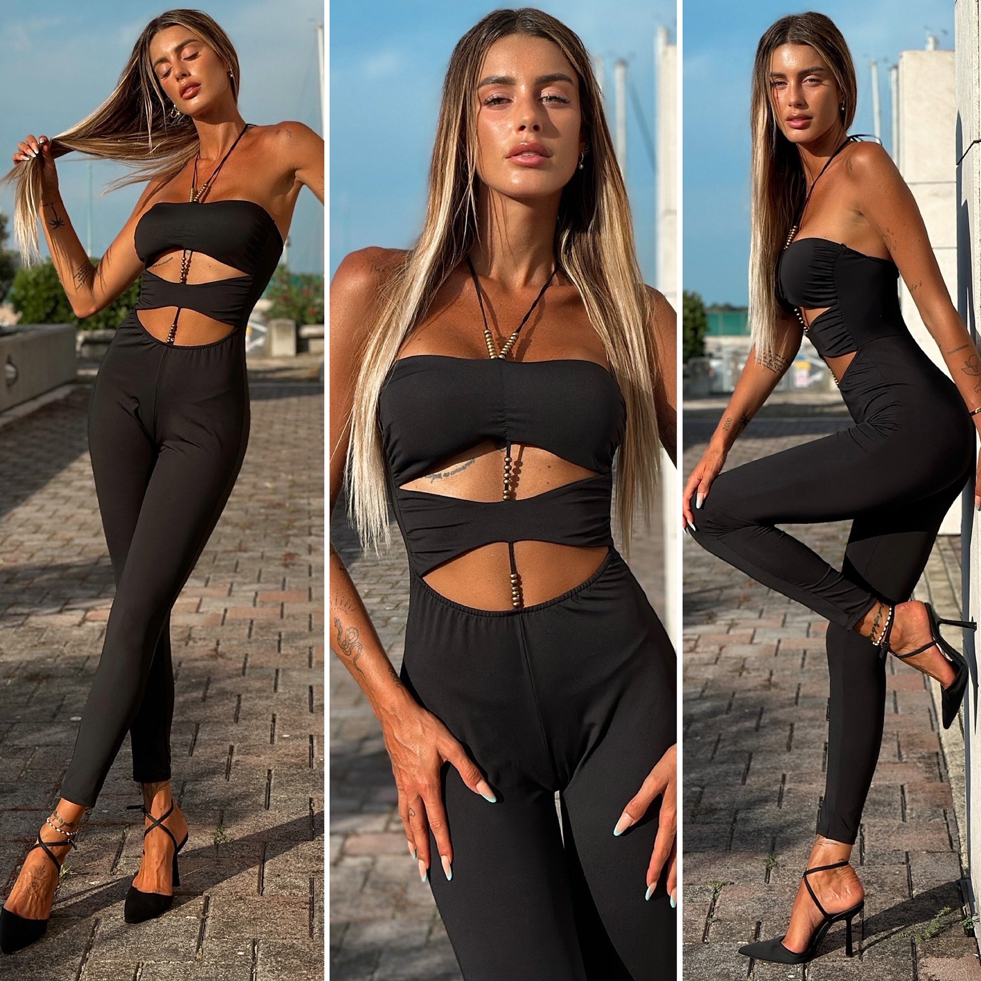 Tuta nera a fascia gioiello oro - R.a. Boutique 