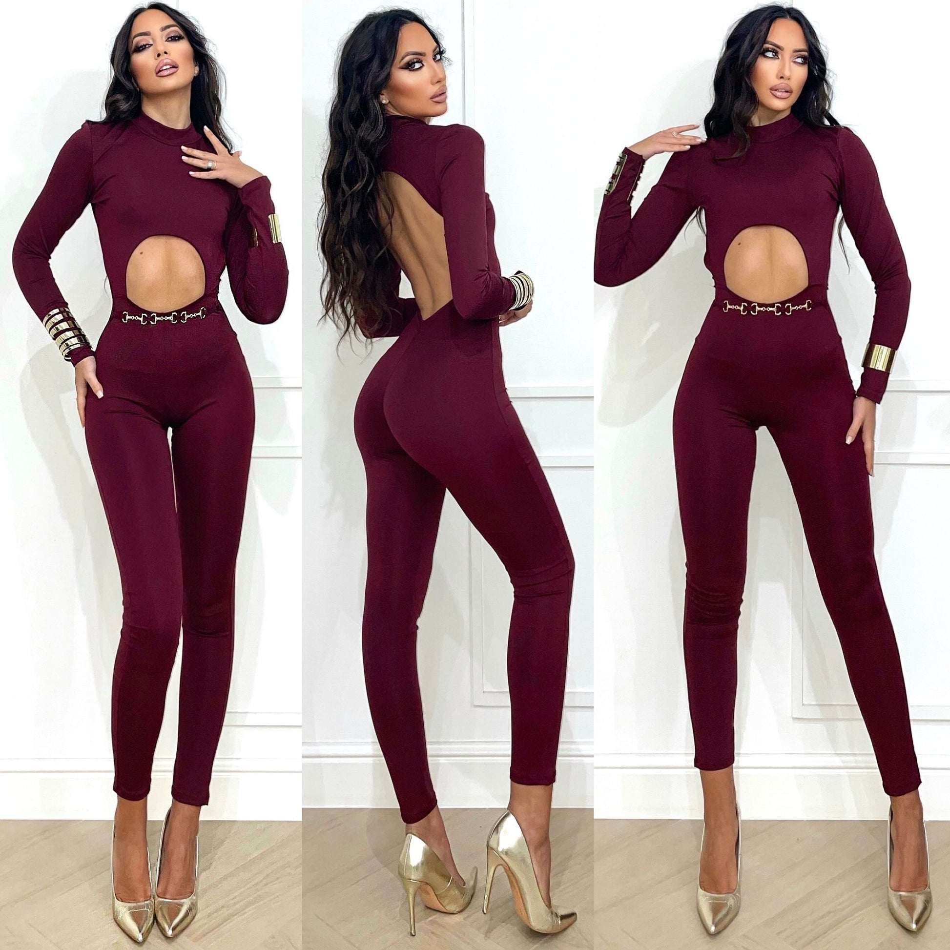 Tuta in lycra bordeaux schiena aperta e catenina - R.a. Boutique