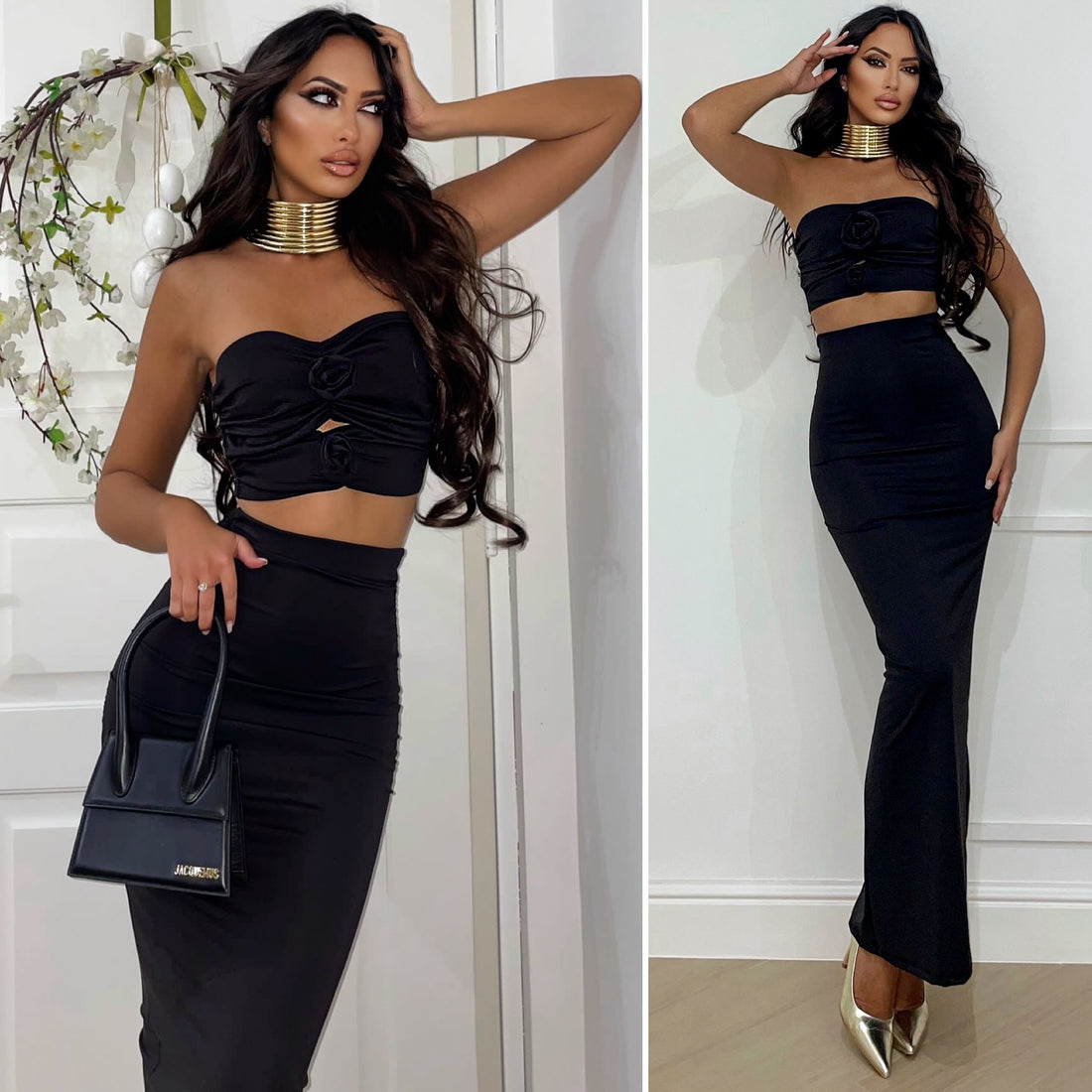 Completo top e gonna con rose nero - R.a. Boutique 