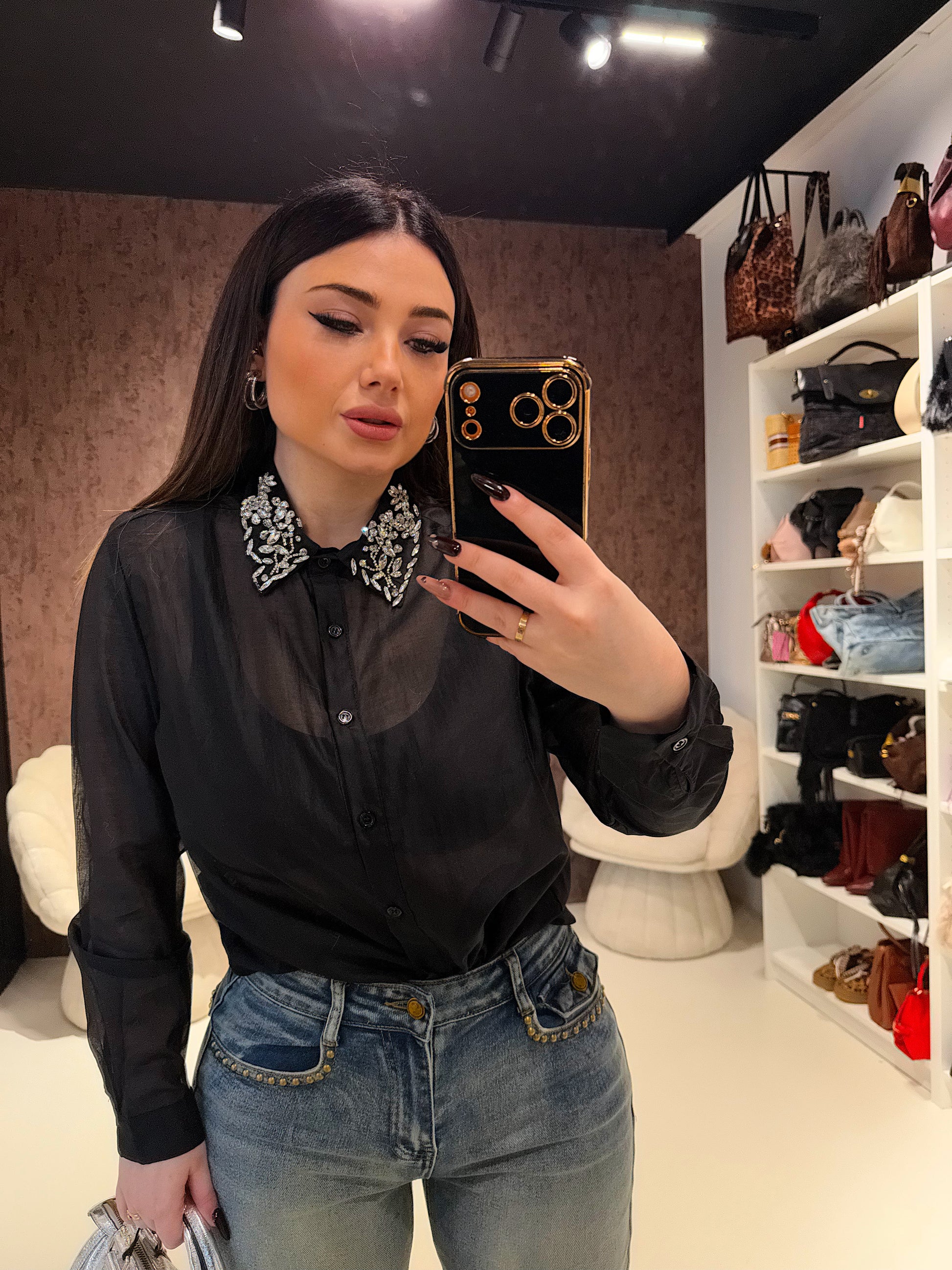 Camicia in velo con strass sul collo - R.a. Boutique