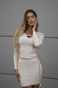 Abito in maglia beige con nodo in strass - R.a. Boutique 