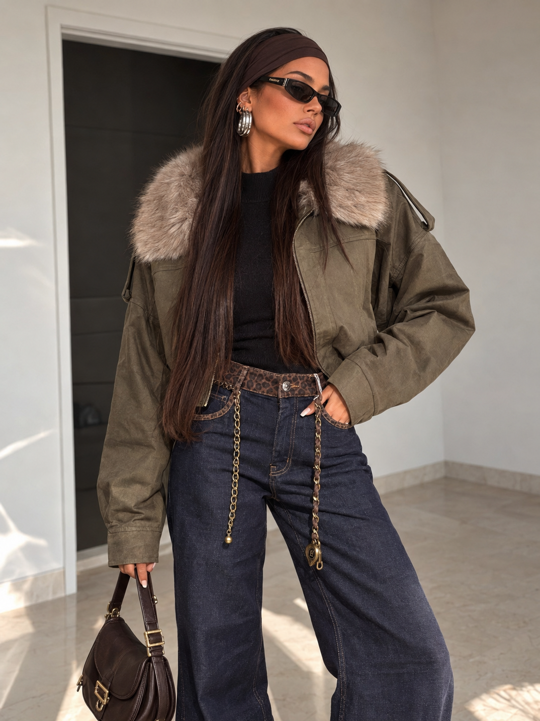 Bomber Verde Oliva Foderato con Collo in Pelliccia Removibile - R.a. Boutique