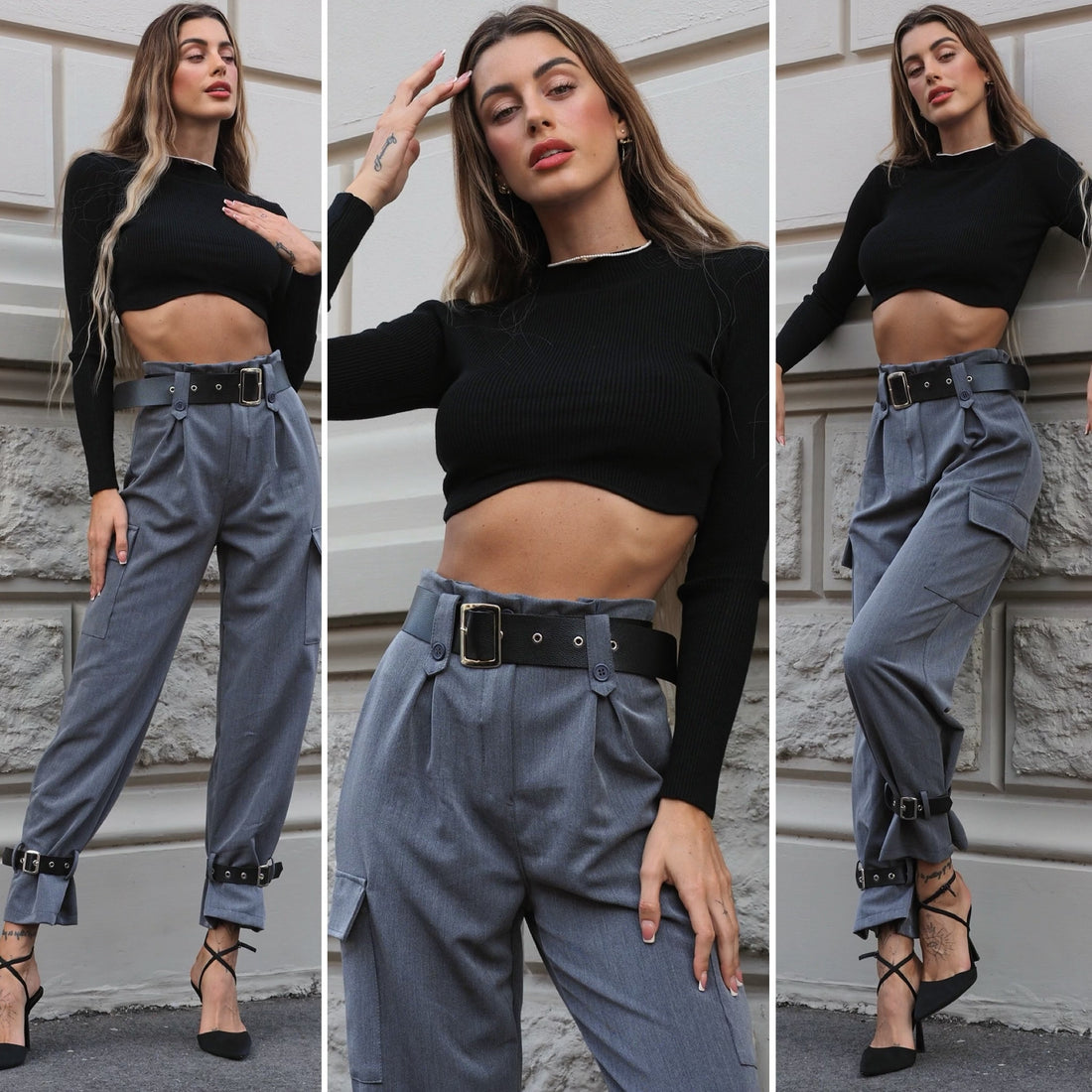 Pantalone grigio con cinghie - R.a. Boutique 