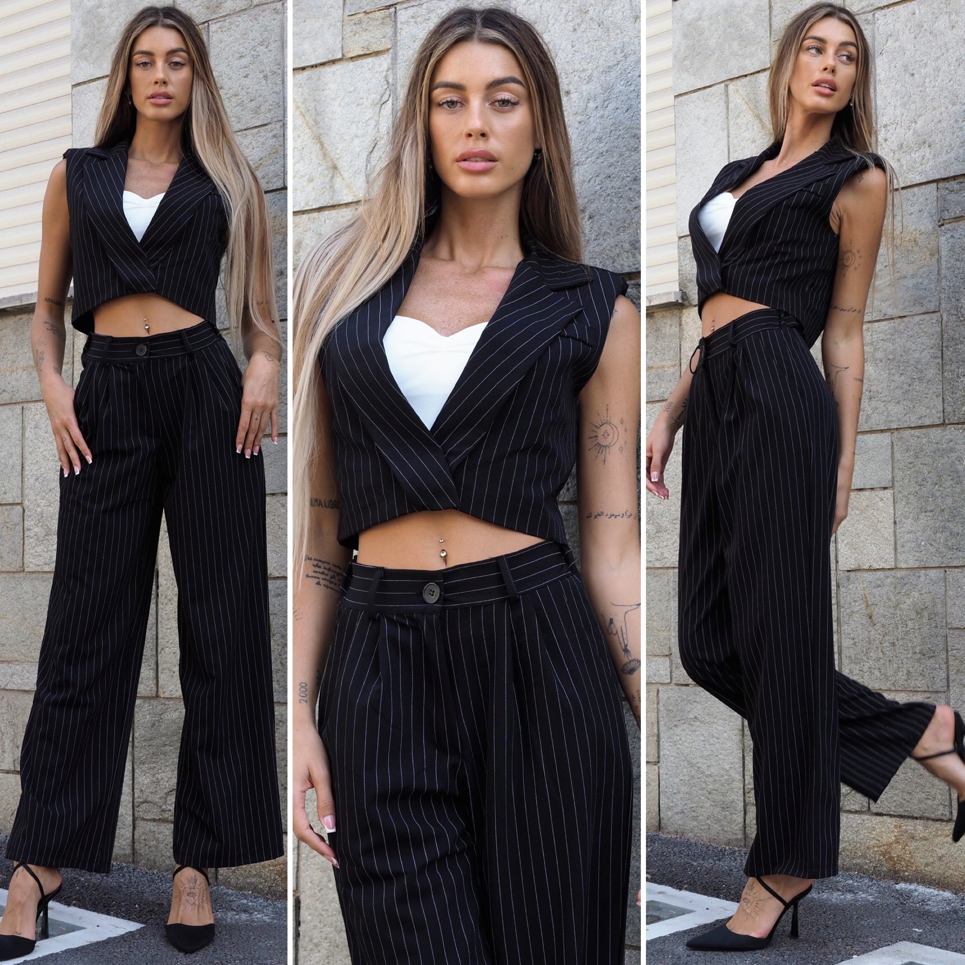 Completo smanicato e pantalone gessato nero - R.a. Boutique 