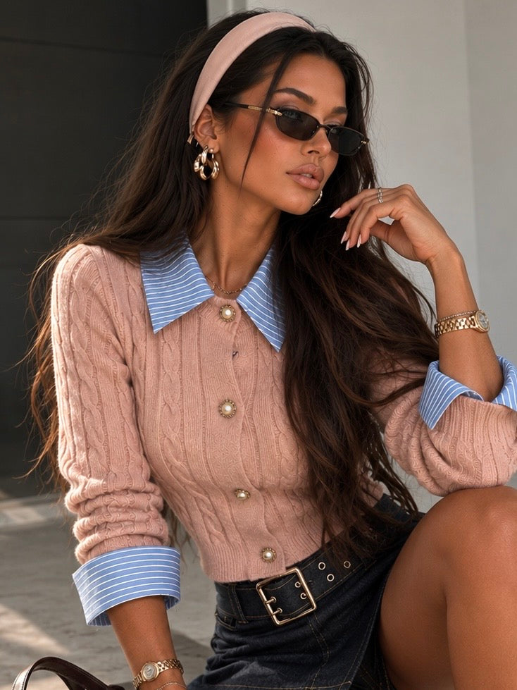 Maglioncino Rosa a Trecce con colletto e polsino a camicia - R.a. Boutique