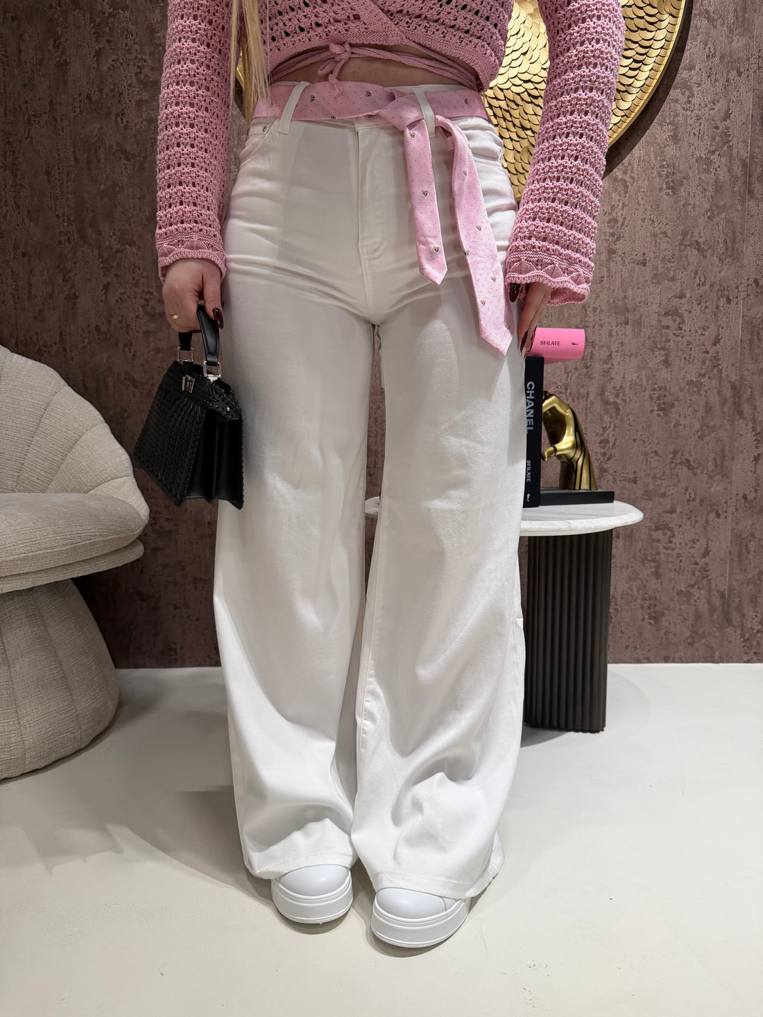 Jeans Wide Leg White con Cintura Dog Pink - R.a. Boutique