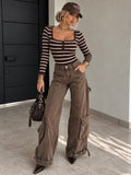 Pantalone Cargo Marrone Wide Leg con Tasche - R.a. Boutique
