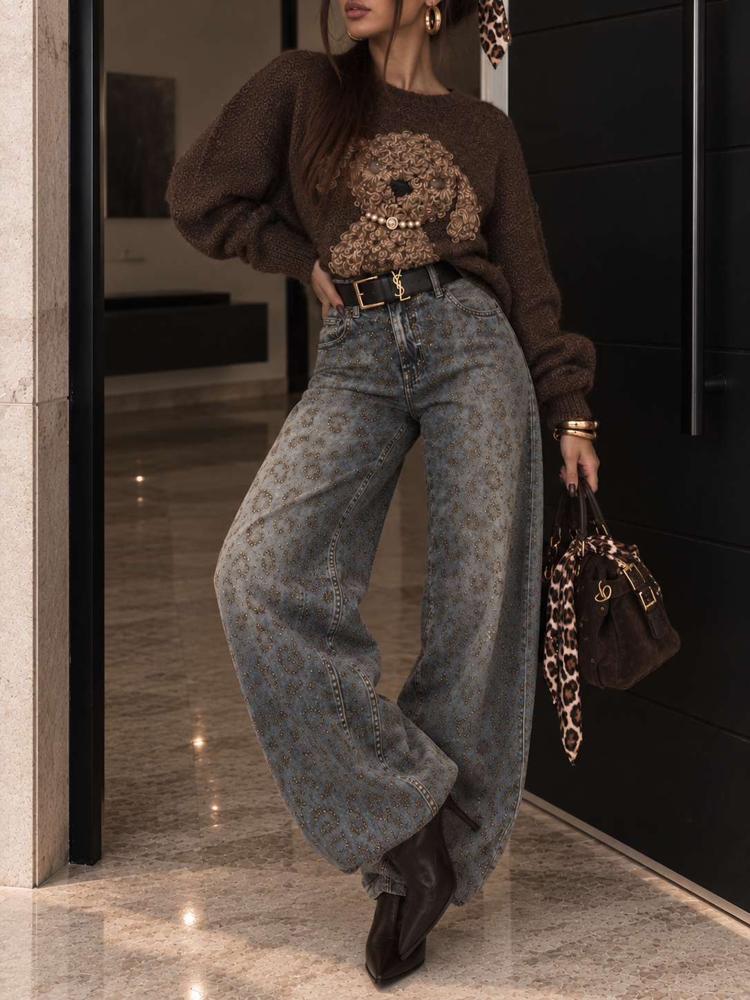 Jeans Balloon Fit con Stampa Animalier e Strass - R.a. Boutique