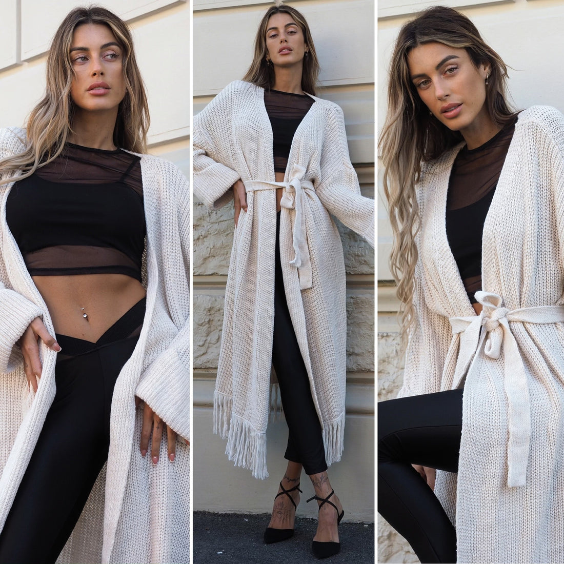 Maxi cardigan beige con frange - R.a. Boutique 