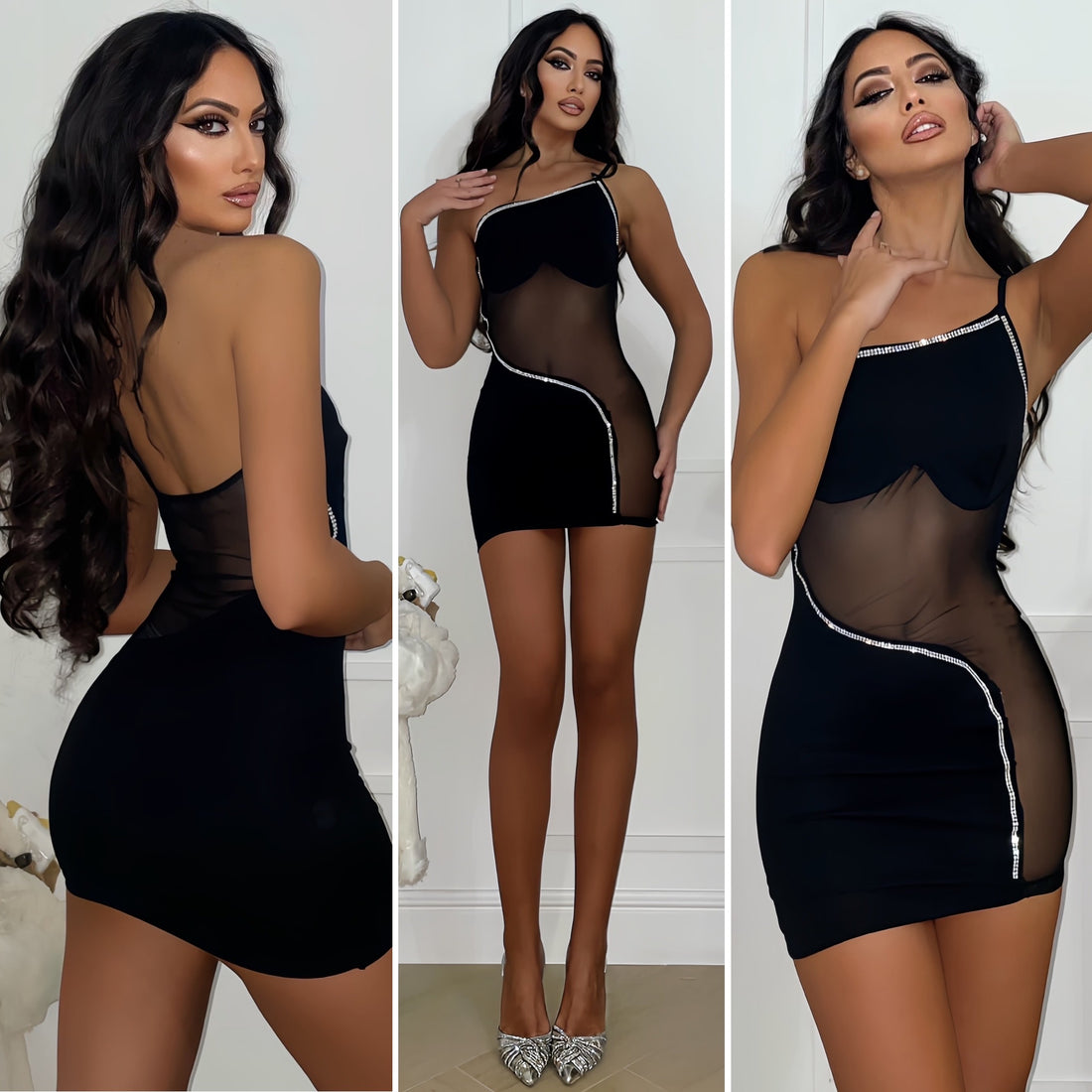 Abito con maxi trasparenza e strass - R.a. Boutique 