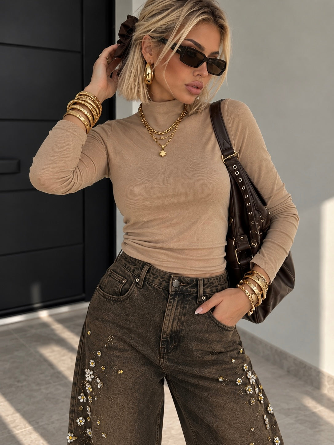 Jeans Gioiello Flower Marrone Washed - R.a. Boutique