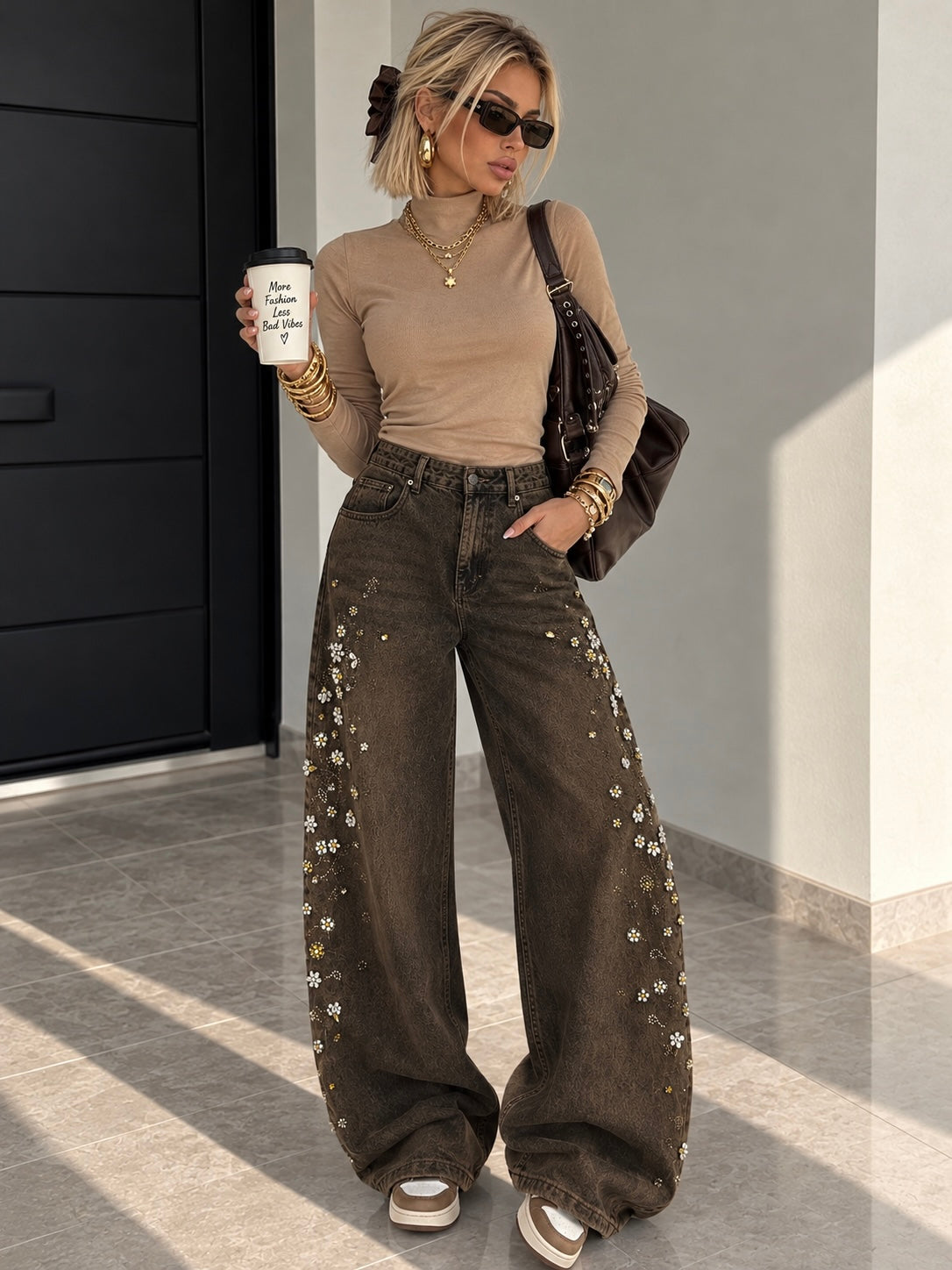 Jeans Gioiello Flower Marrone Washed - R.a. Boutique