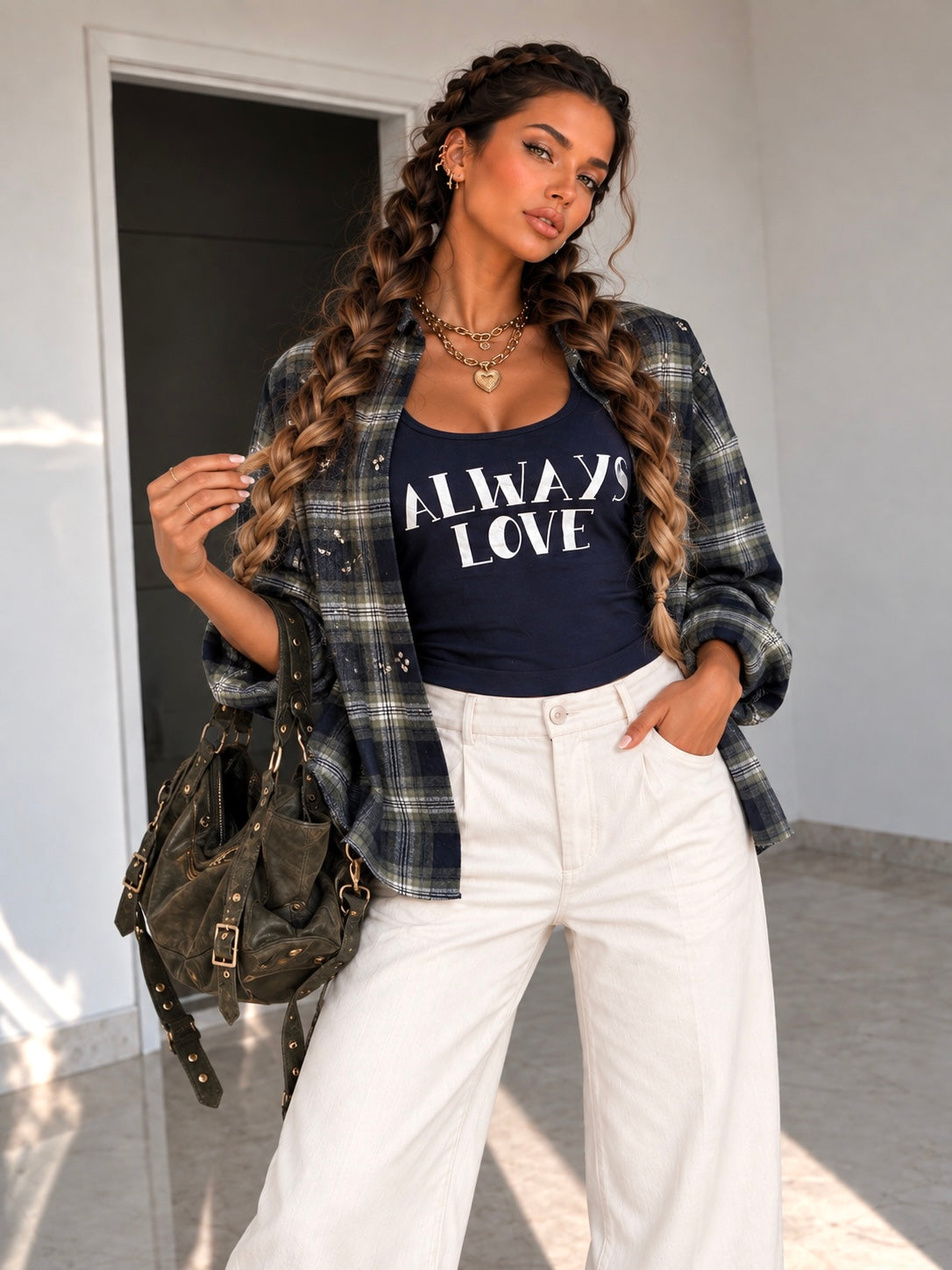 Camicia Check con brillantini e canotta compresa - R.a. Boutique