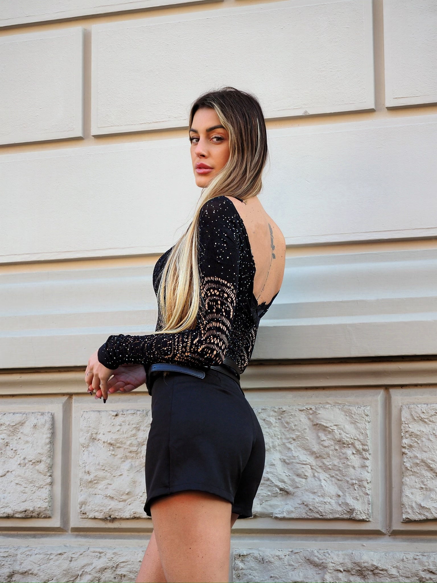 Body a rete con strass e ricamo - R.a. Boutique 