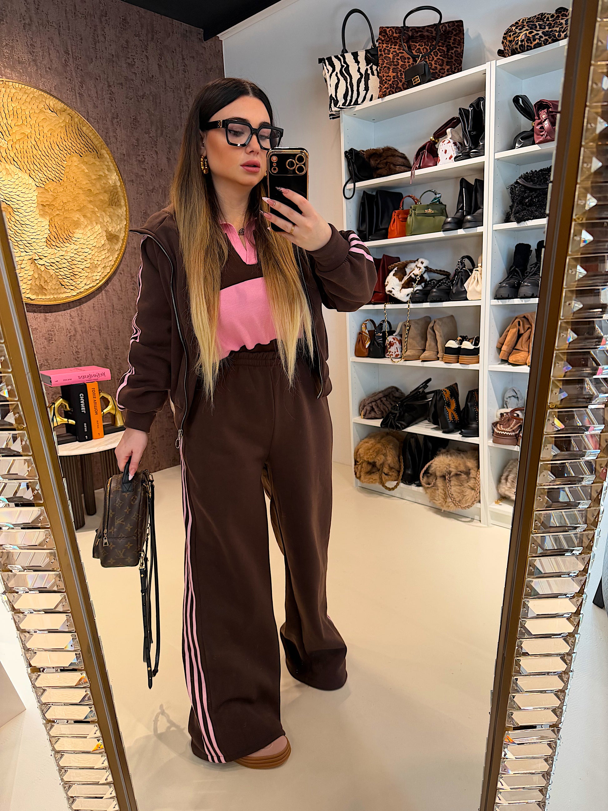 Completo tuta marrone righe rosa - R.a. Boutique