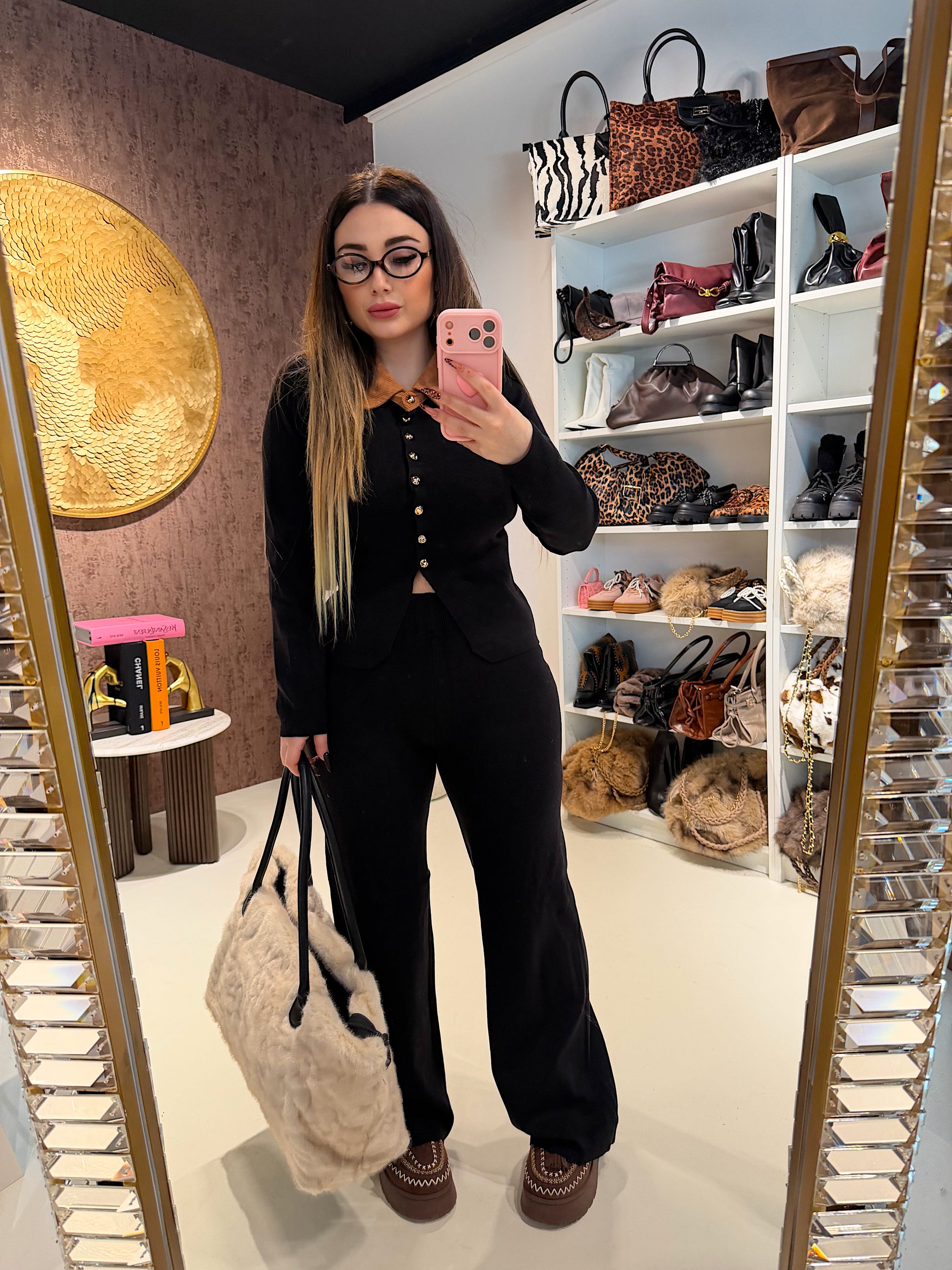 Completo maglia e pantalone con colletto a contrasto - R.a. Boutique