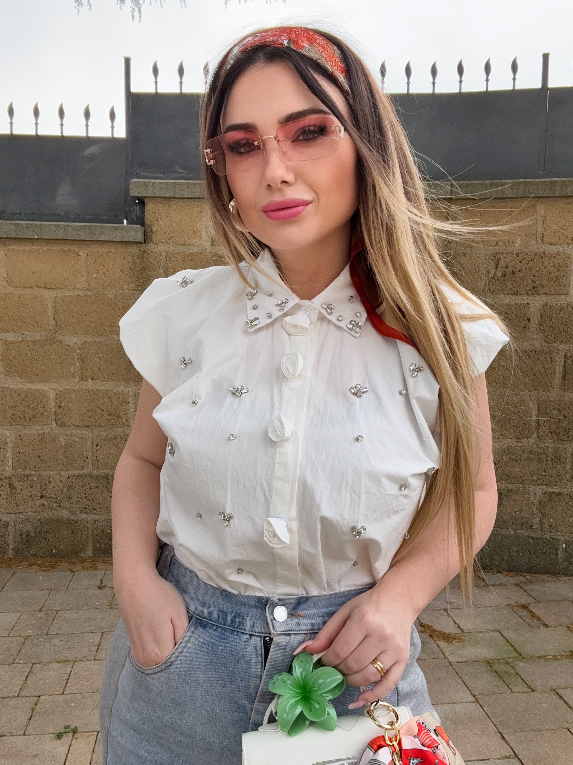 Camicia con rose e Strass - R.a. Boutique