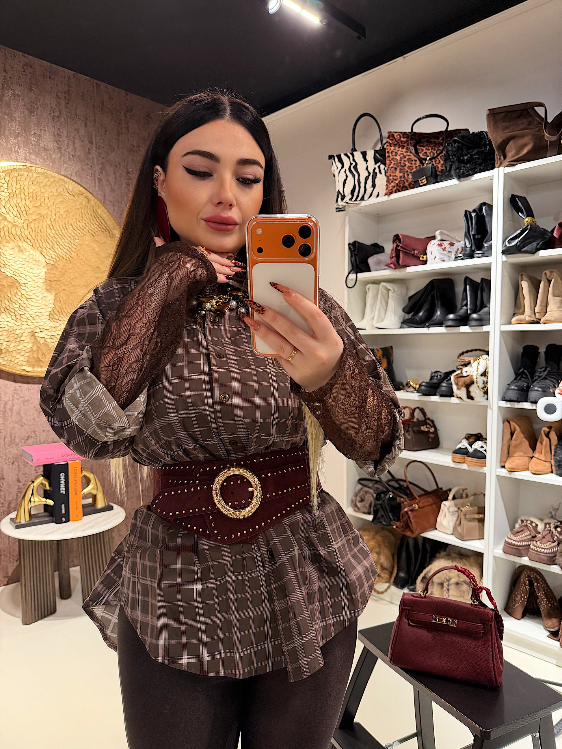 Camicia a quadri con polsino in pizzo - R.a. Boutique