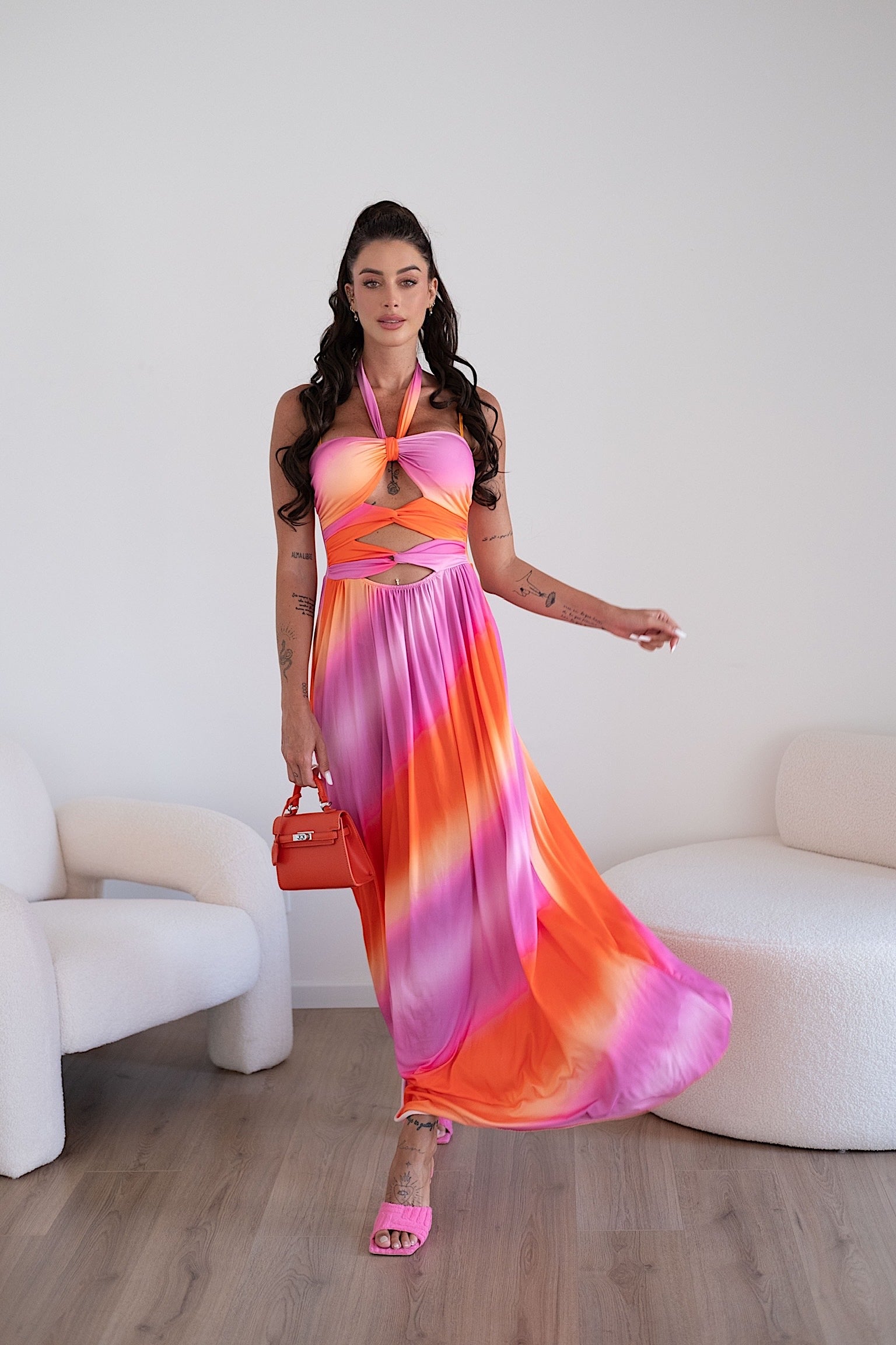 Abito lungo Fuxia arancio con incrocio - R.a. Boutique 