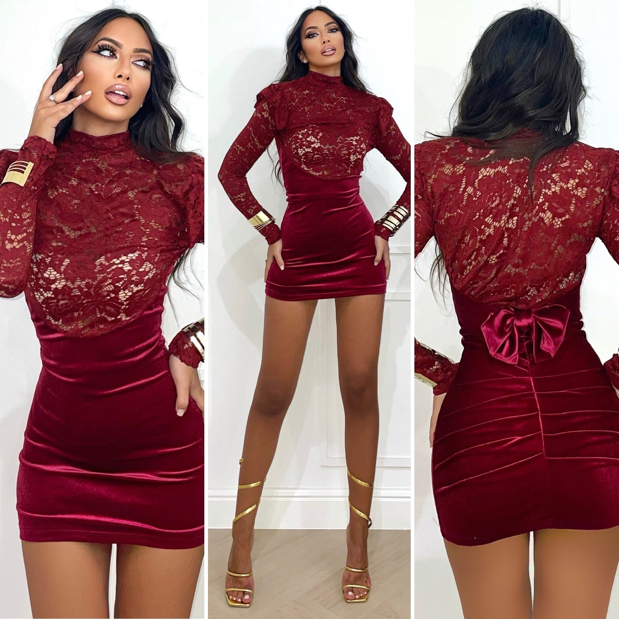 Abito in pizzo bordeaux con fiocco