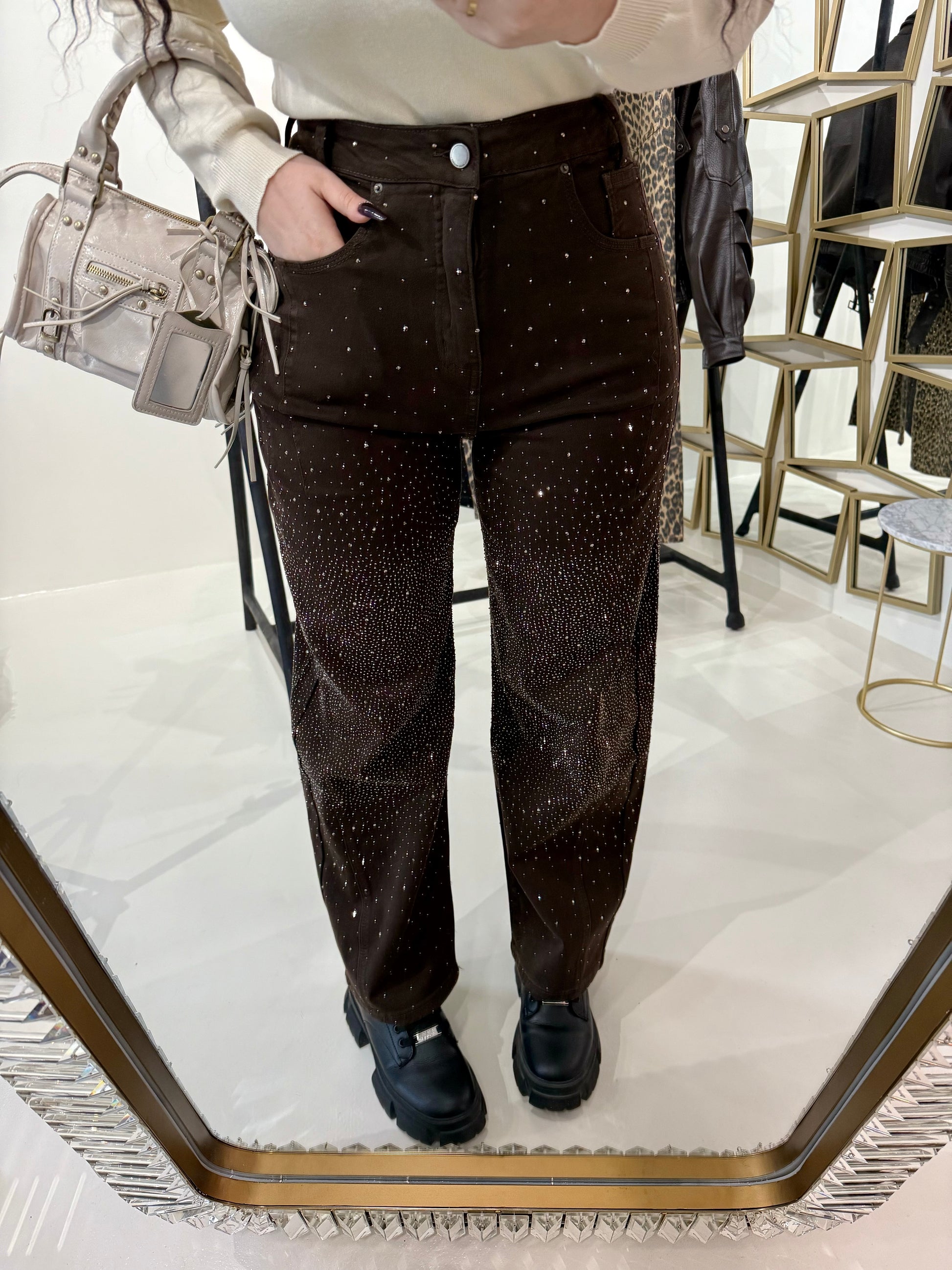 Pantalone con strass choco - R.a. Boutique