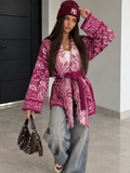 Cardigan Boho Paisley con Frange e Cintura – Fucsia - R.a. Boutique