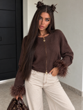 Cardigan con Zip e Polsini Effetto Piume - Caffè - R.a. Boutique