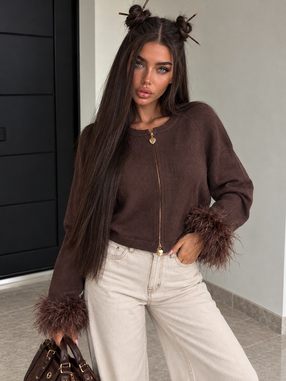 Cardigan con Zip e Polsini Effetto Piume - Caffè - R.a. Boutique